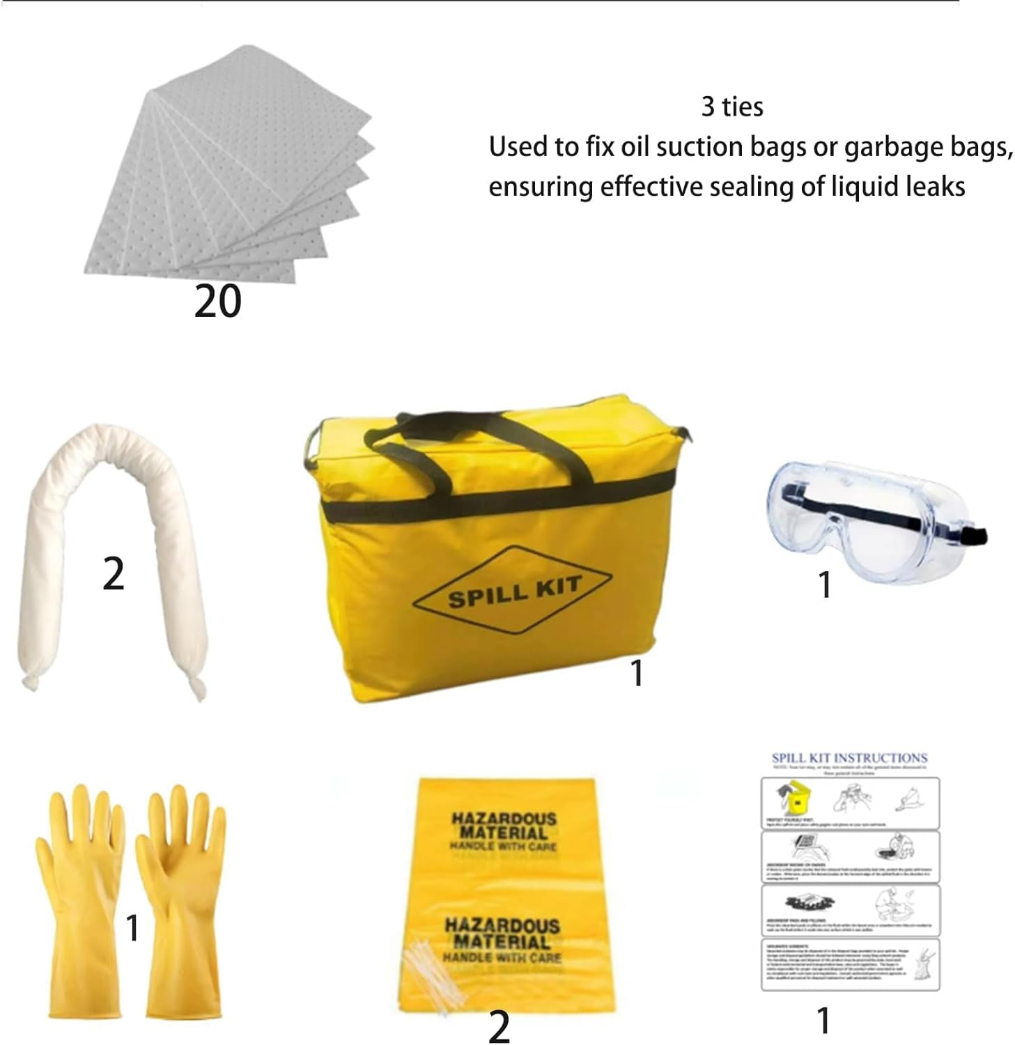 Kit Anti-Inquinamento Universale – Kit Antisversamento per Piccole Fuoriuscite, Assorbe Oli, Acqua, Solventi e Refrigeranti, Assorbenti, Guanti e Sacco (Giallo -20 Panni Assorbenti)