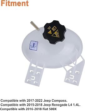 Front Engine Coolant Reservoir Tank(with Cap). Compatible with 2017-2022 Jeep Compass,2015-2018 Jeep Renegade,2016-2018 Fiat 500X. Replaces Part # 68289857AA,68303699AA, CH3014170,68327756AA.