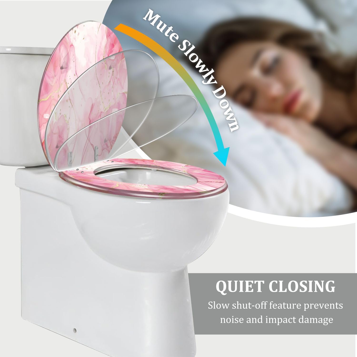 Elongated Decorative Resin Toilet Seat with Rose Pink, Golden Dots & Blush