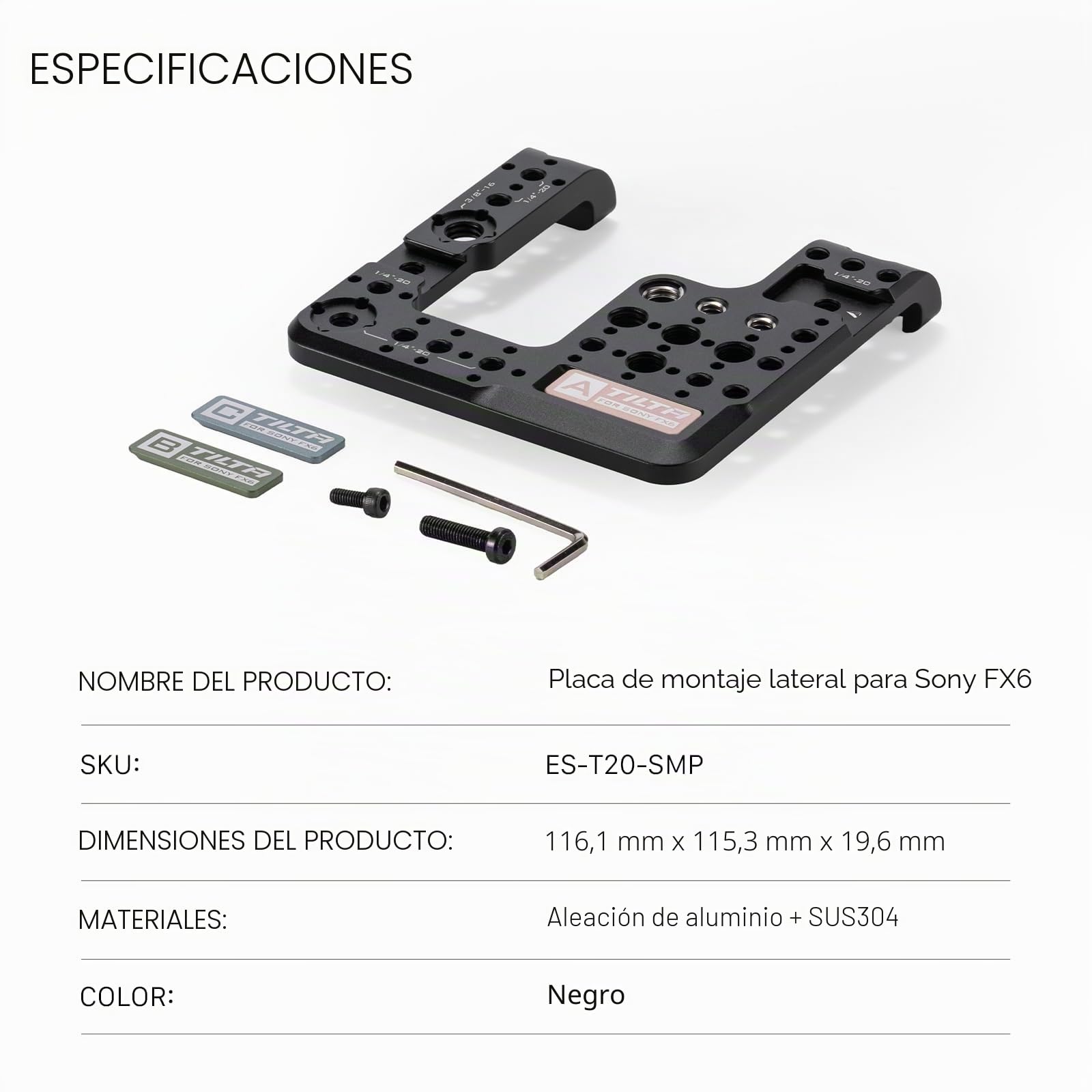 Tilta Placa de Montaje Lateral Compatible con Sony FX6, con Etiquetas de índice de cámara, 1/4"-20, 3/8"-16 con Puntos de localización y Zapata fría ES-T20-SMP
