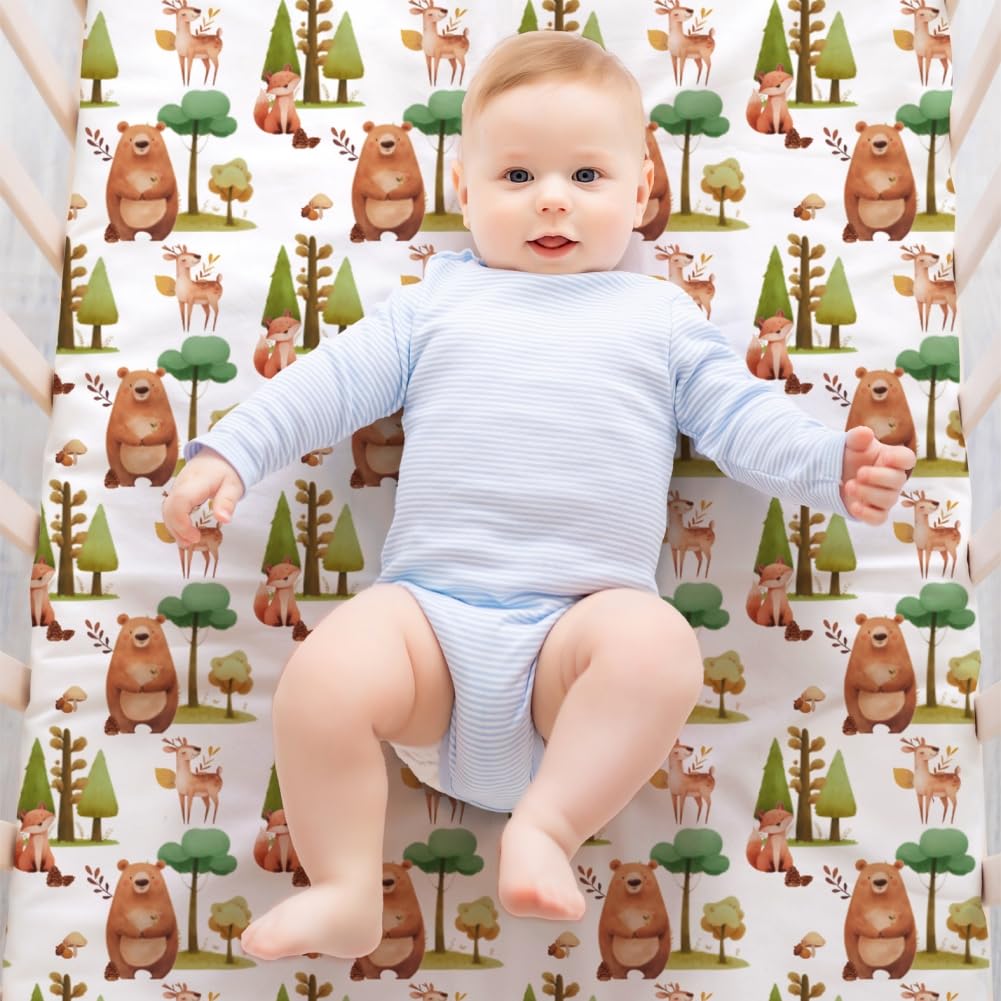 Juego de 4 sábanas ajustables unisex para cuna de bebé, diseño de animales del bosque, madera neutra, para bebés niños o niñas, blanco y negro