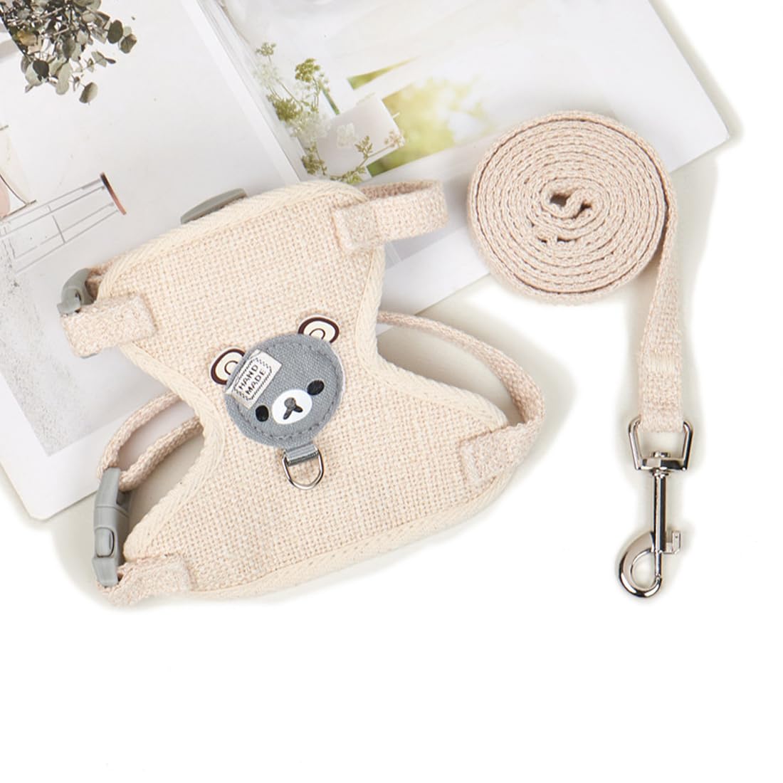NJCXOLA Guinzaglio Per Coniglio Nano, Accessori Conigli, Imbracature, Stoviglie Con Guinzaglio, Pettorina Regolabile, per Piccoli Animali(Beige, S)