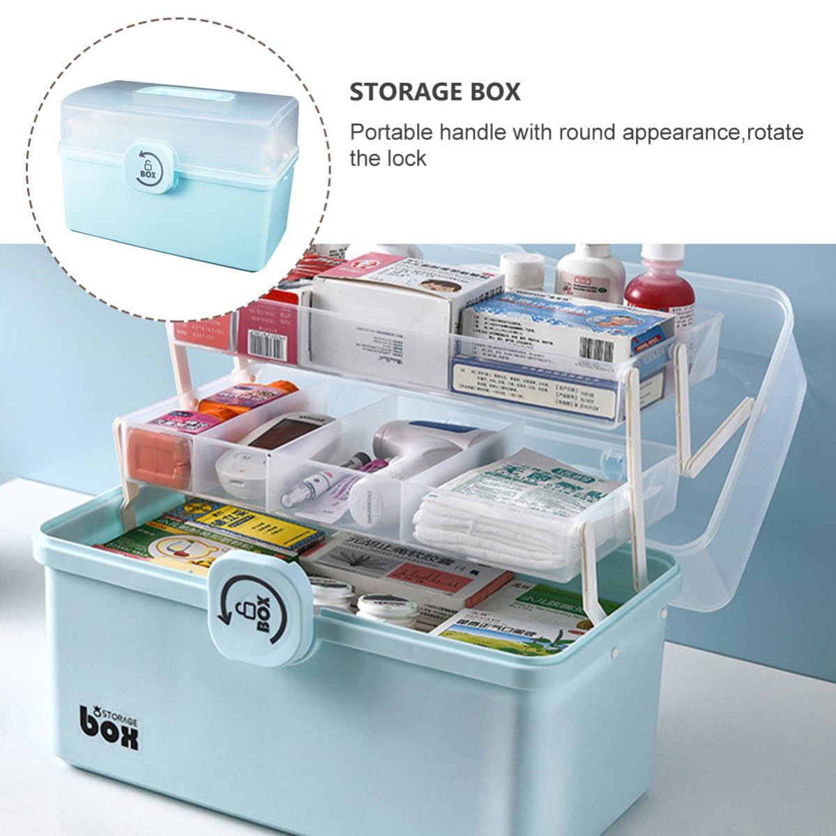 Toddmomy Caja de Medicamentos Portátil Azul de Plástico Asa, Botiquín de Primeros Auxilios Ligero Diseño de Compartimentos para Uso en Casa y Exteriores