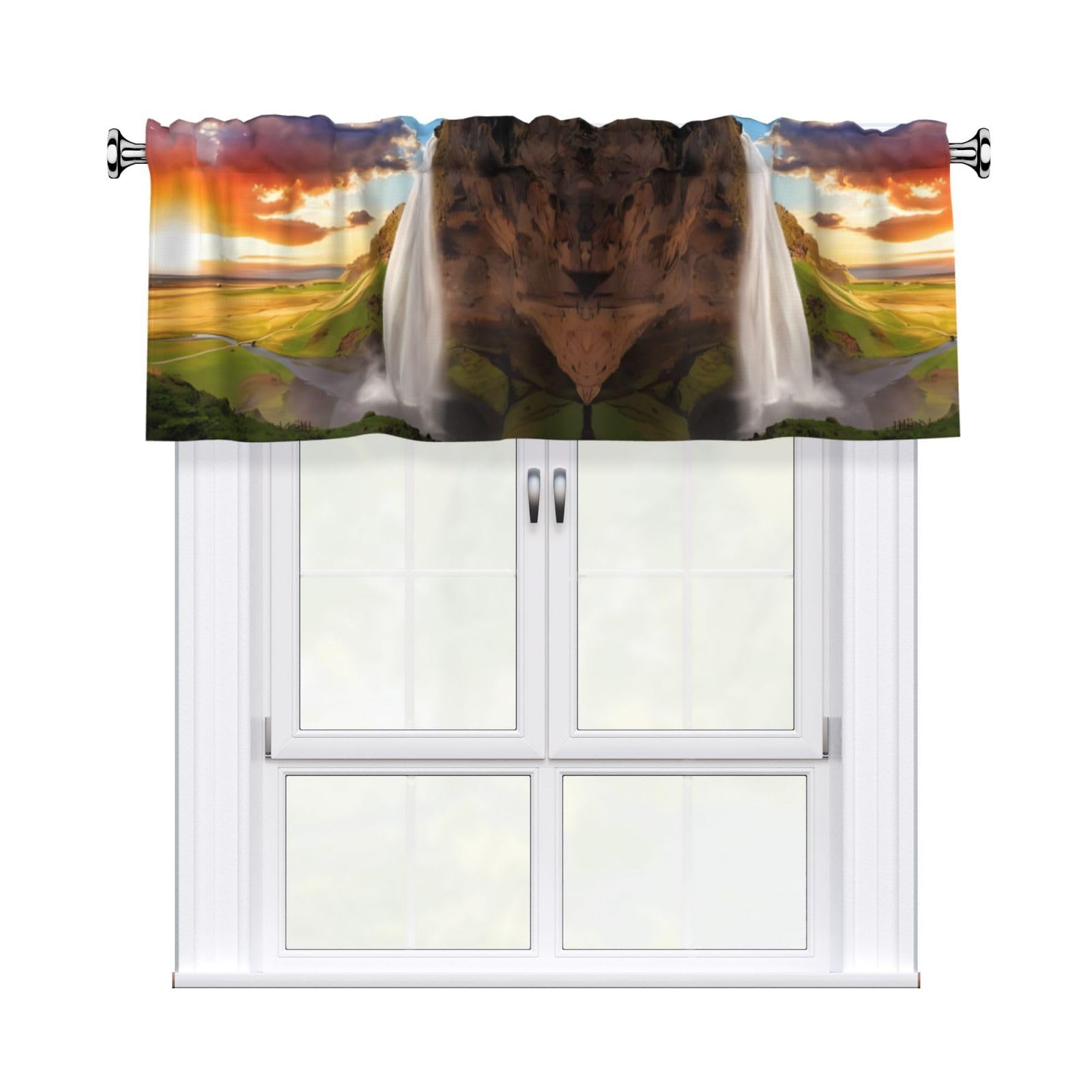 WHJSHOP Iceland Waterfall River Field Sunset Prints Curtain Valance 54x18 Inch - Peach Skin Window Layer with Delicate Print, Filtered Light for Kitchen Use