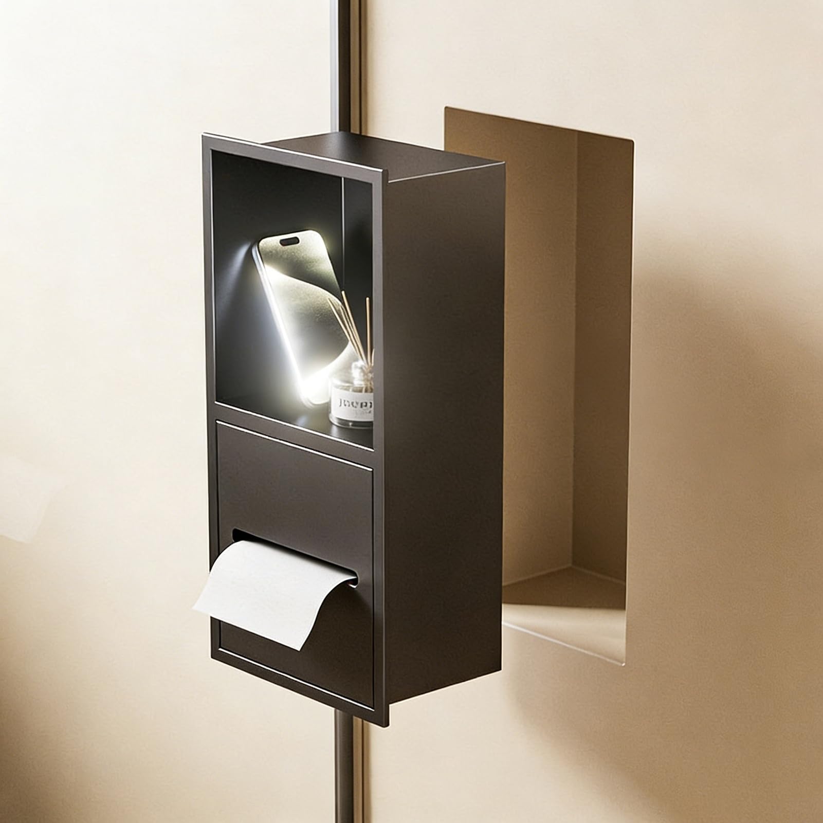 Douche encastrable en acier inoxydable gris avec étagère intégrée et porte-papier