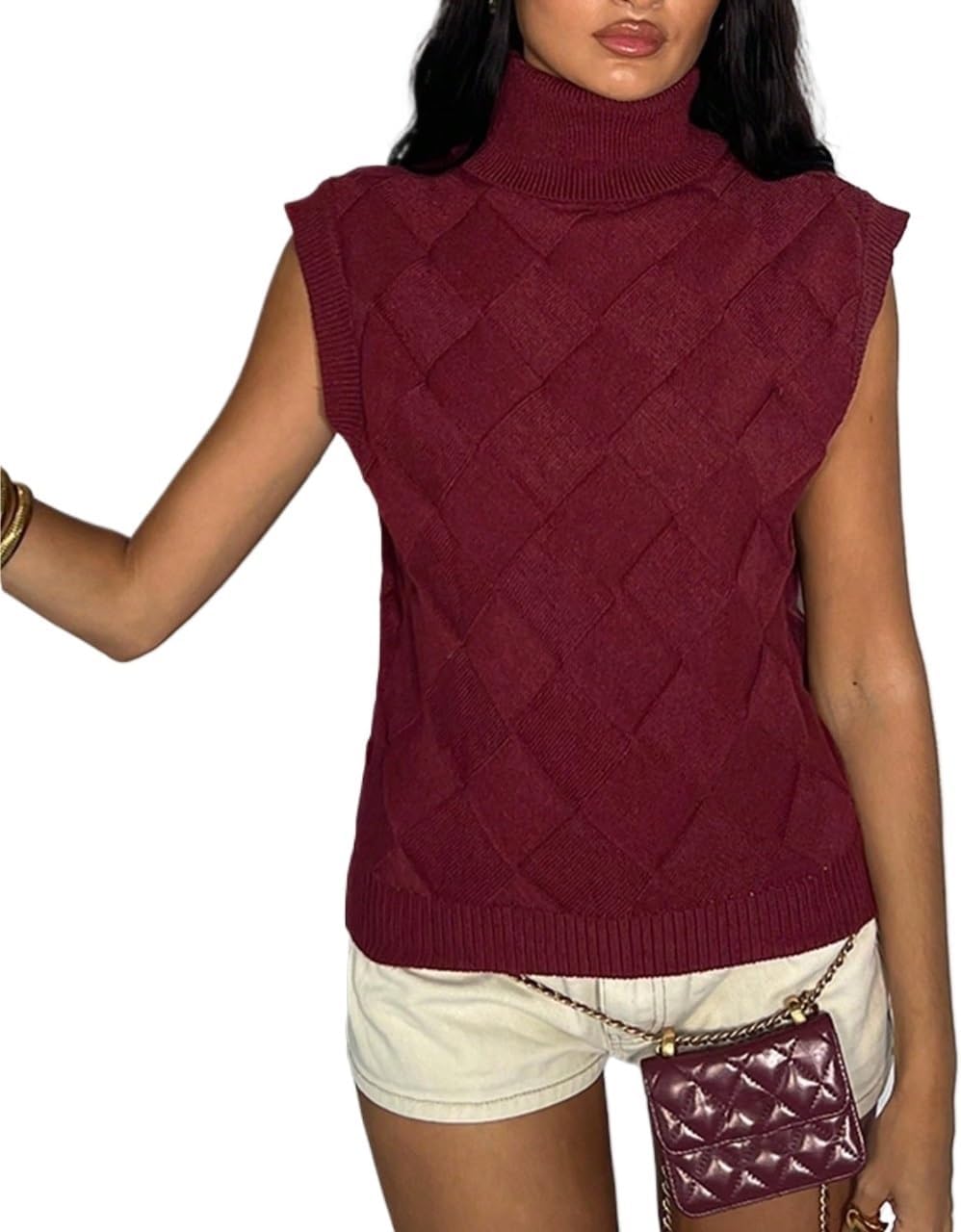 Women Fall Trendy High Neck Loose Casual Sweater Vest Top Sweater Vest Top
