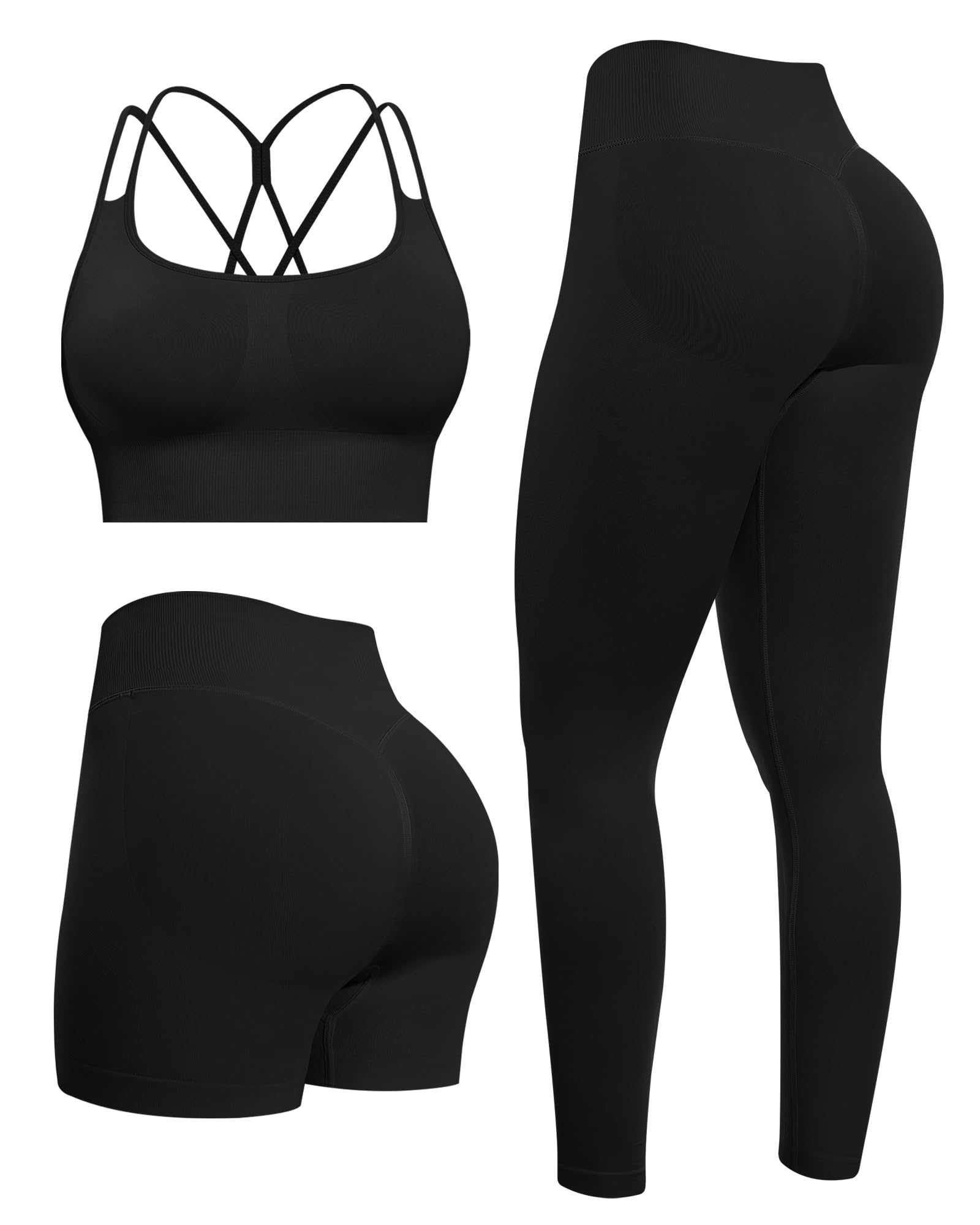 NORMOV Butt lifting Workout Sets for Women Gym Activewear with Seamless Leggings Shorts and Padded Criss-Cross Sports Bras