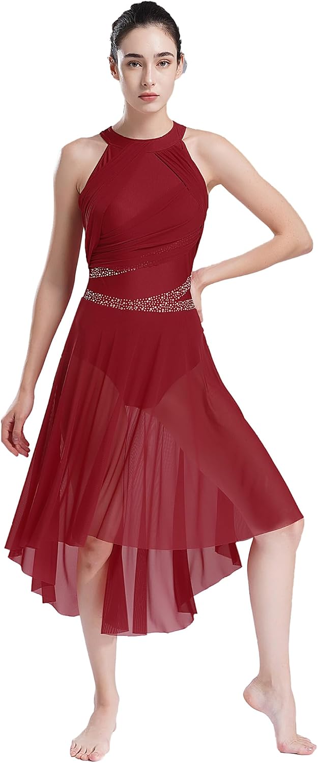 Women Lyrical Ballet Dance Dress Asymmetrical Flowy Skirt Leotard Contemporary Dance Costumes