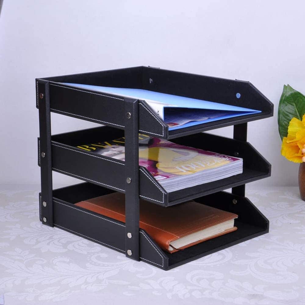 Organizador apilable de 3 niveles con acabado de piel sintética de madera en marrón y negro