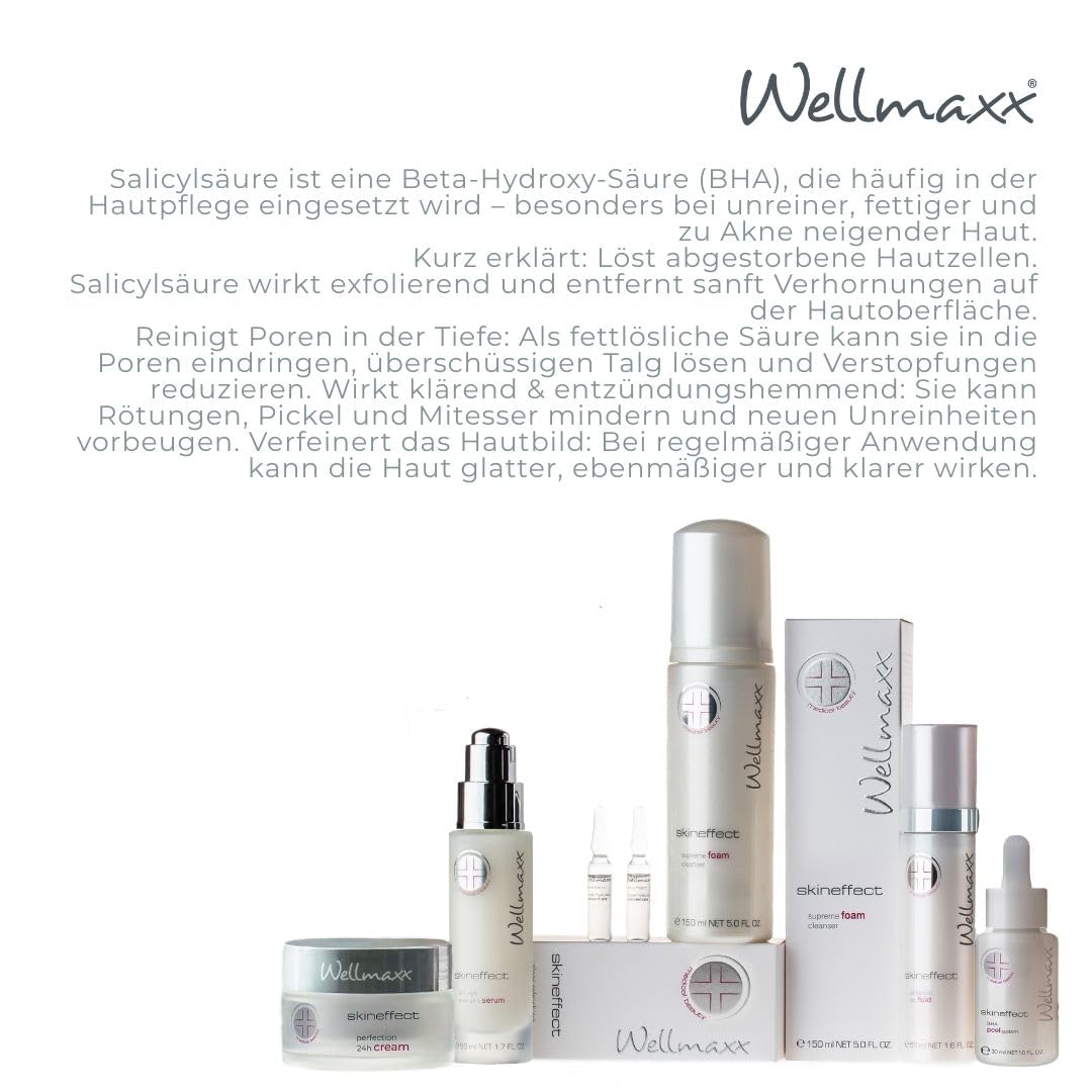 WELLMAXX® skineffect BHA Peeling, Sanftes Peeling + Salicylsäure, porentiefe Reinigung, strahlende Haut, sanfte Zellerneuerung, alle Hauttypen, mild, parfümfrei, Pipette,30 ml