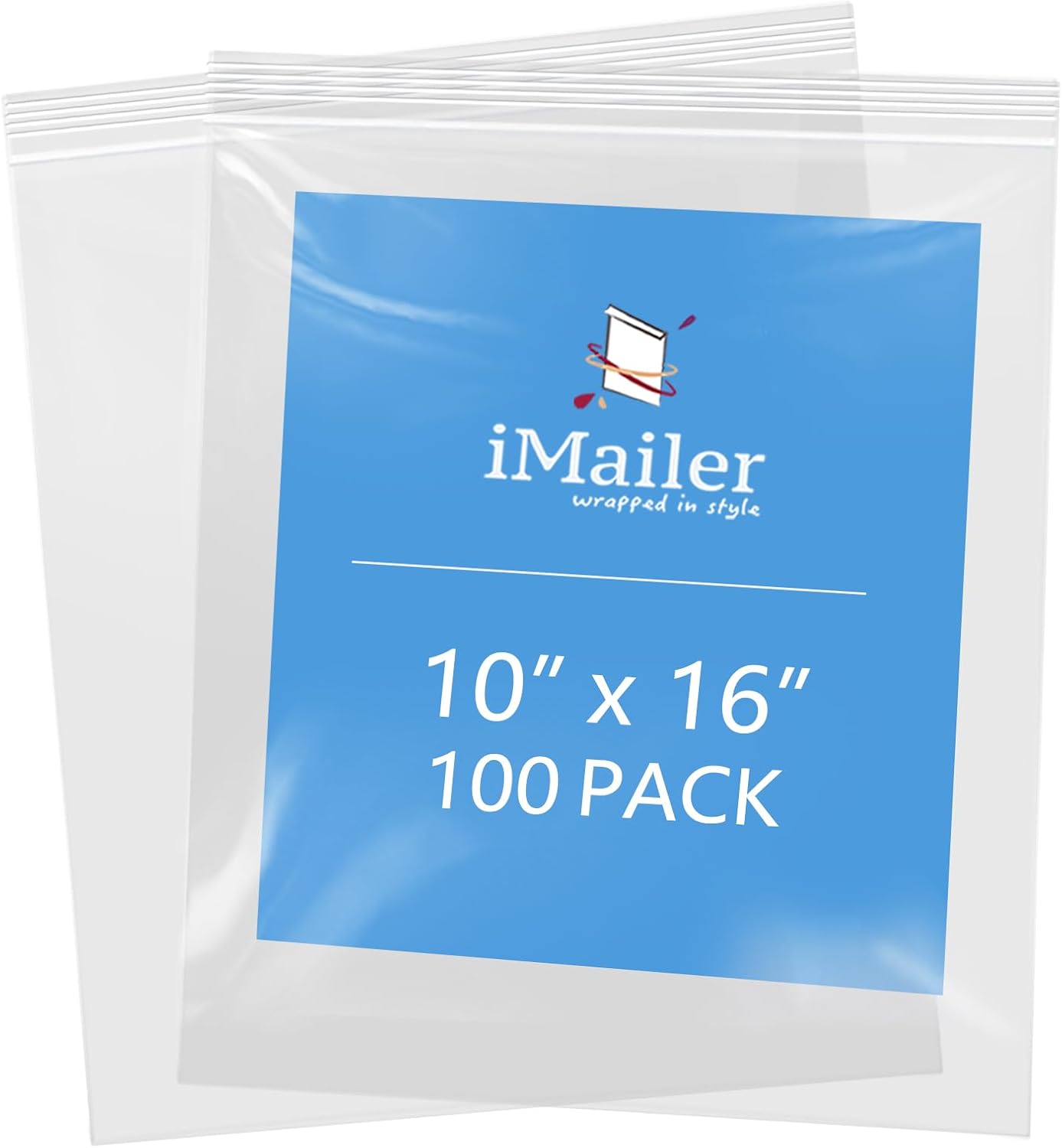 iMailer- 10" x 18" 100 Pack- 2 Mil Resealable Zip Bags- Clear Plastic Bags with Zip Top Lock for Storage, Organizing, Crafts, Travel