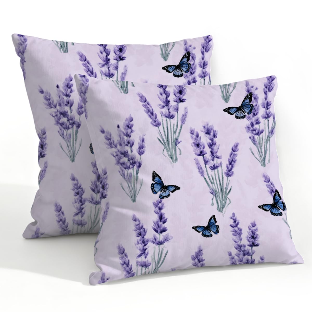 Outdoor Pillow Covers Waterproof Pillowcases 22x22in Set of 2 Lavender Floral Plant Butterfly Decorative Throw Cushion Case for Couch Sofa Garden Patio Furniture