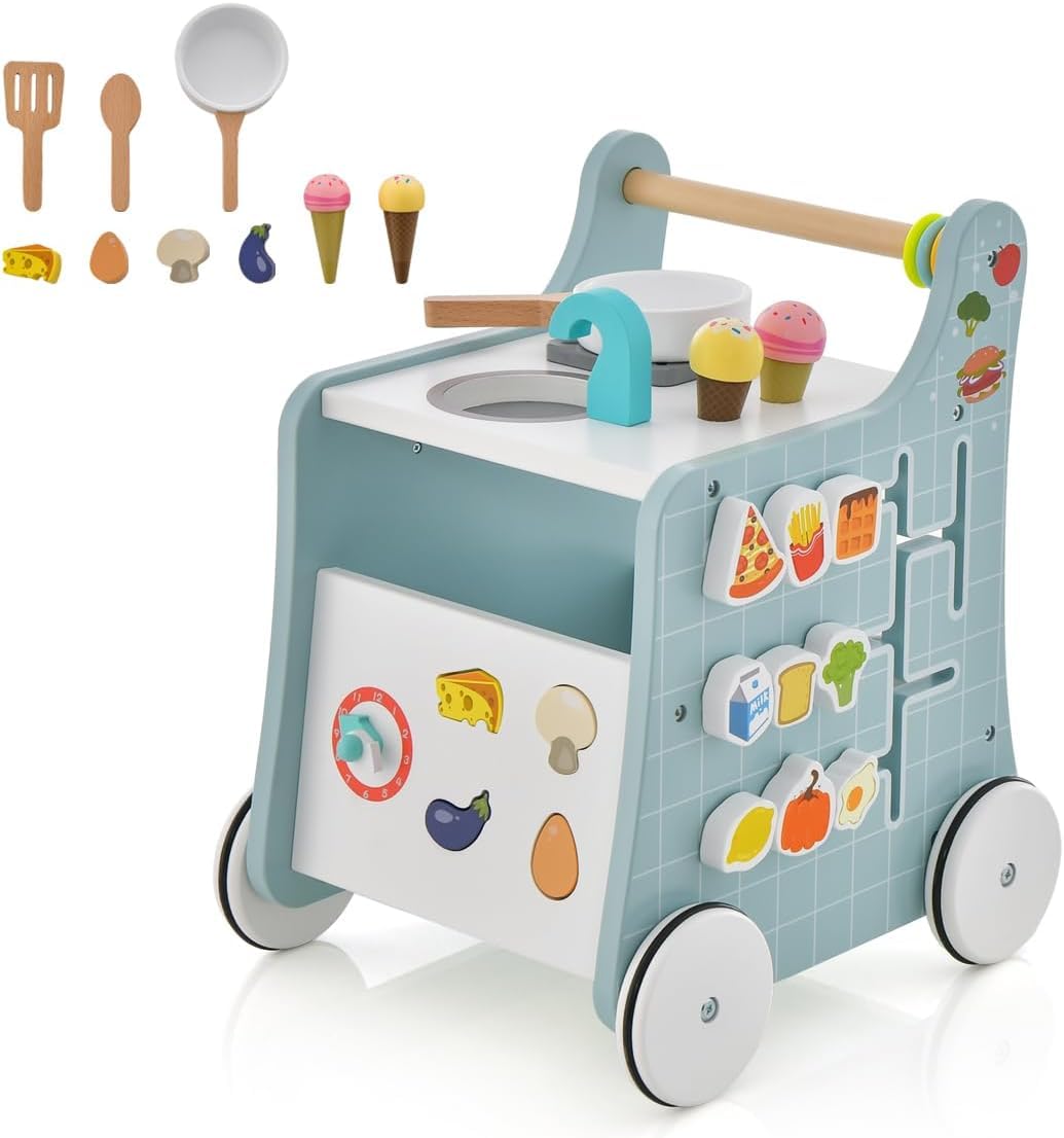 RELAX4LIFE Andador de Madera para Bebés con Accesorios y Ruedas, Carrito de Helados de Juguete Multifuncional, Juguete Montessori, Centro de Actividades para Niños 1+ Año (Azul)