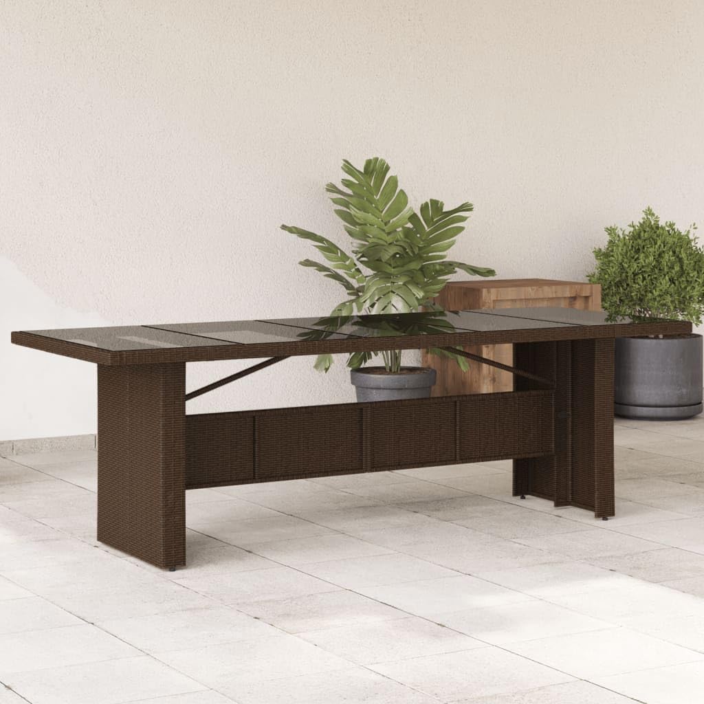 Stół ogrodowy ze szklanym blatem, brązowy, 240 x 90 x 75 cm, polirattan, stal malowana proszkowo, stół outdoorowy, na taras, balkon, do ogrodu, dla rodziny, gości, pikników, jedzenia