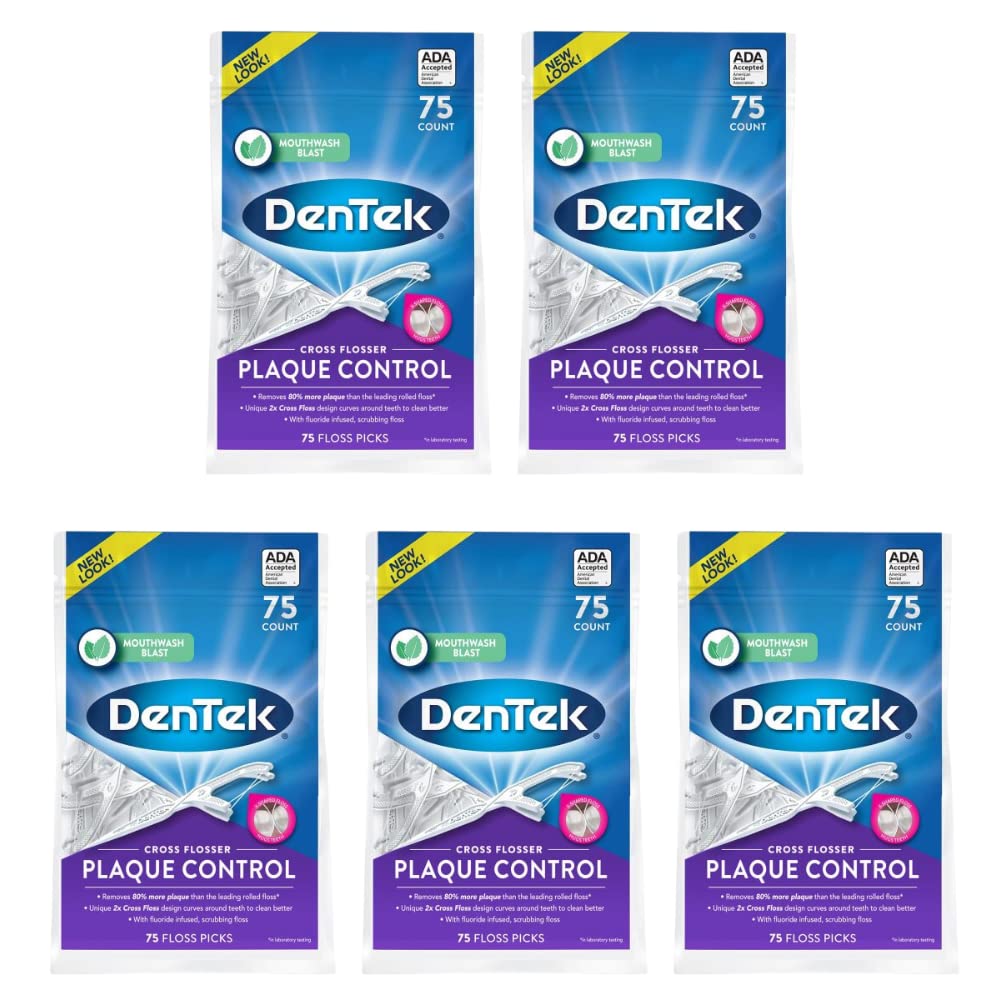 DenTek Cross Flosser Plaque Control Floss Picks, X-Shaped Floss, 75 Count, (Pack of 5)