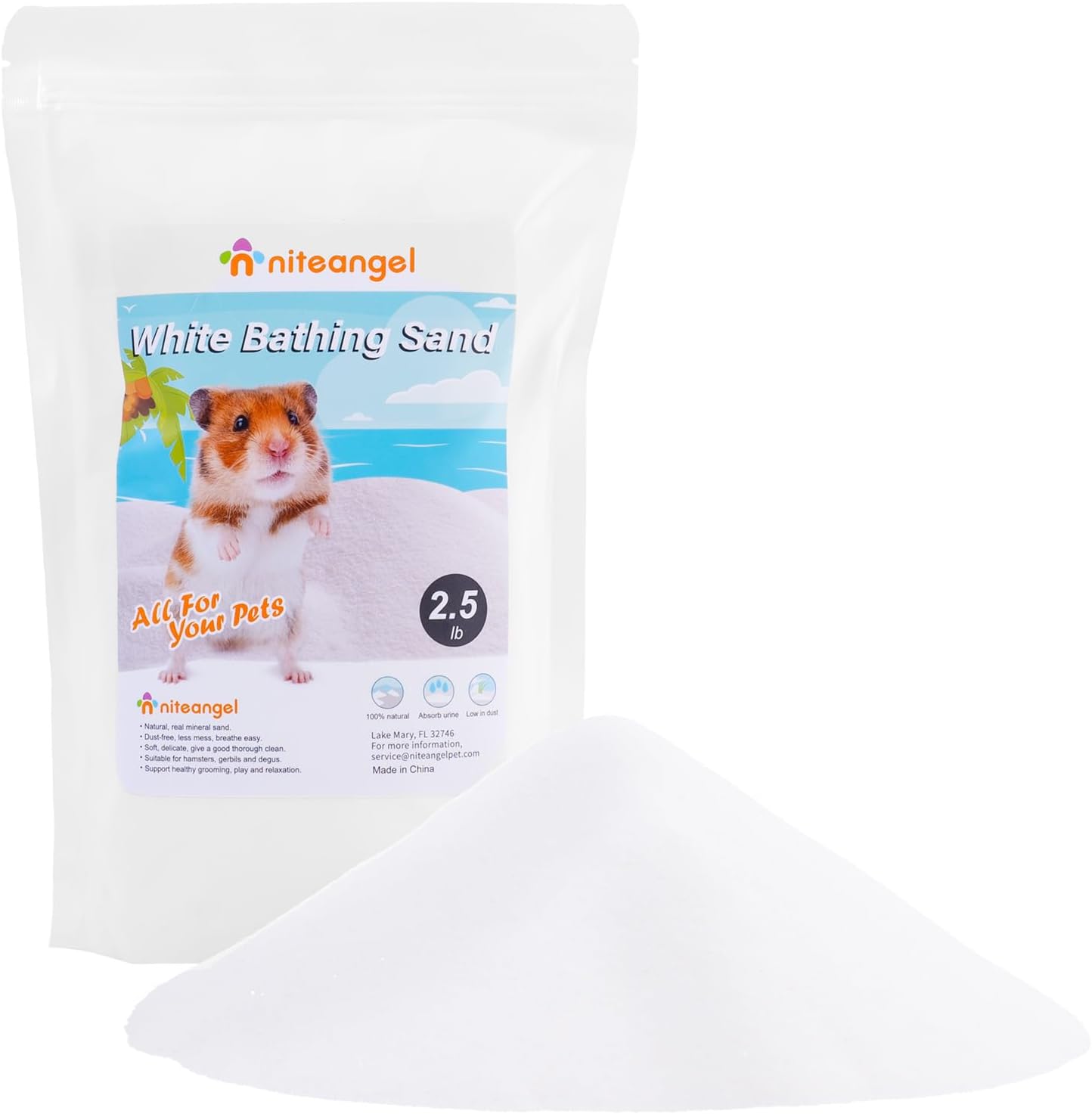 Niteangel Hamster Desert Bath Sand | No-Dust Bath or Potty Litter Sand for Hamster Chinchillas Gerbil Mice Degu or Other Small Pets (White Sand, 2.5LB)