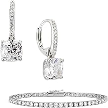 NADRI Leverback Dangle Earrings and 3mm Tennis Bracelet, Large Cushion Cut Cubic Zirconia Womens Earrings, Tennis Bracelet for Women