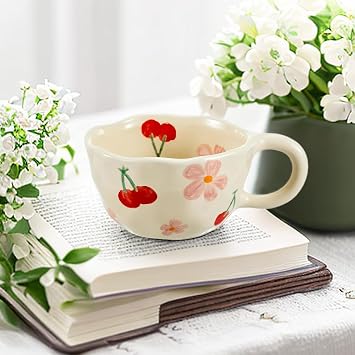 Cute Coffee Mug, Gift for Women Ceramic Tea Cup Kawaii Mugs, Handmade Creative Flower Pink Mugs with Spoon Aesthetic Mug for Cappuccino Milk Cocoa, 250ml Cheery Mug for Mom Birthday