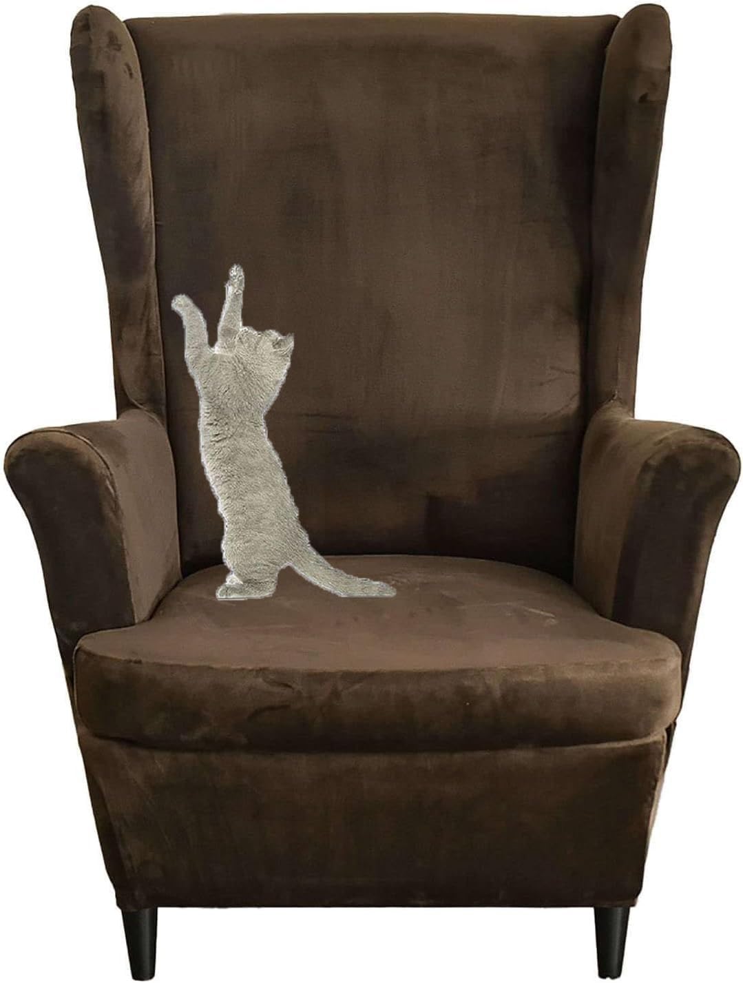 HACLEN Velvet Wingback Chair Cover 2 Pieces, Wingback Armchair Slipcover Stretch Wing Chair Cover Removable for Living Room (brown,one size)