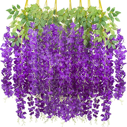 Guirlande de glycine artificielle à suspendre avec fleurs pour intérieur et extérieur, décoration de fête de mariage (violet-12 tiges) Cover