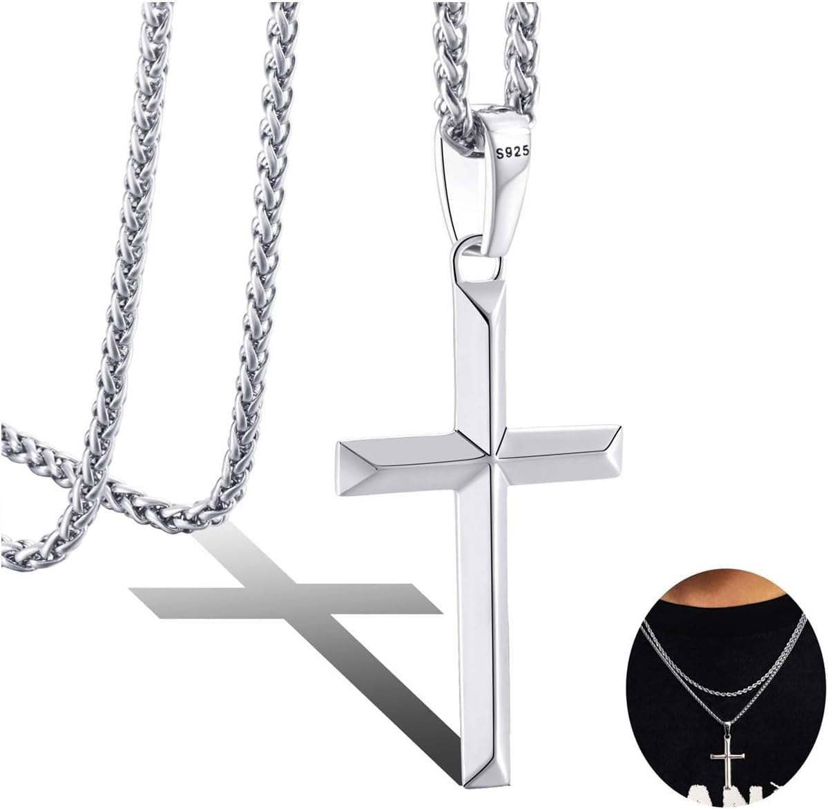 925 Sterling Silver Cross Necklace for Men Women with 3MM Stainless Steel Strong Durable Wheat Chain 18K White Gold Plated Beveled Edge Crucifix Pendant Necklace Jewelry Present 16-28 Inches