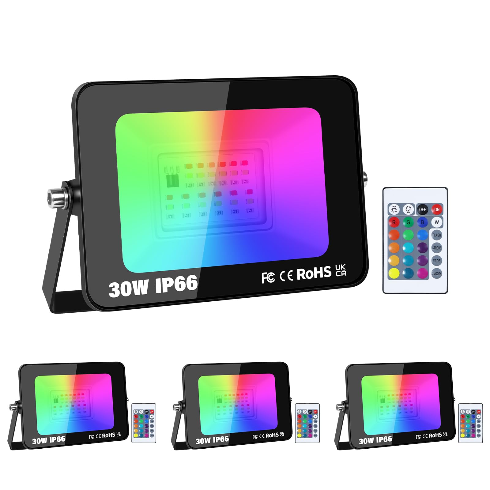 RIGIDON 4x Foco Led Exterior RGBW, 30W 3000LM Foco Proyector Led Exterior | Sin Enchufe, RGB Multicolor, IR remoto control, Regulable, IP66 Impermeable para Fiesta Terraza Jardin Decoración Iluminación