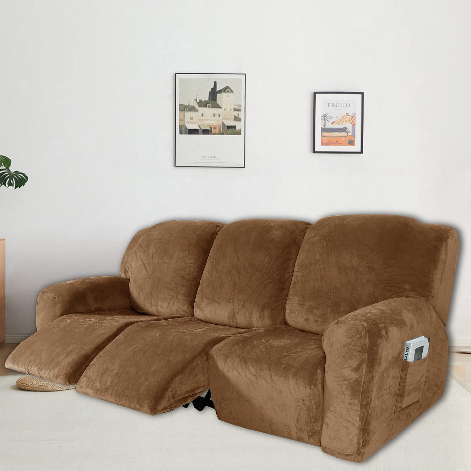 Relax Pokrowiec na fotel relaksacyjny, aksamitny rozciągliwy pokrowiec na fotel, domowy zmywalny pokrowiec na fotel do masażu, ochraniacz na fotel relaksacyjny (3-osobowy (8 sztuk), jasnobrązowy)