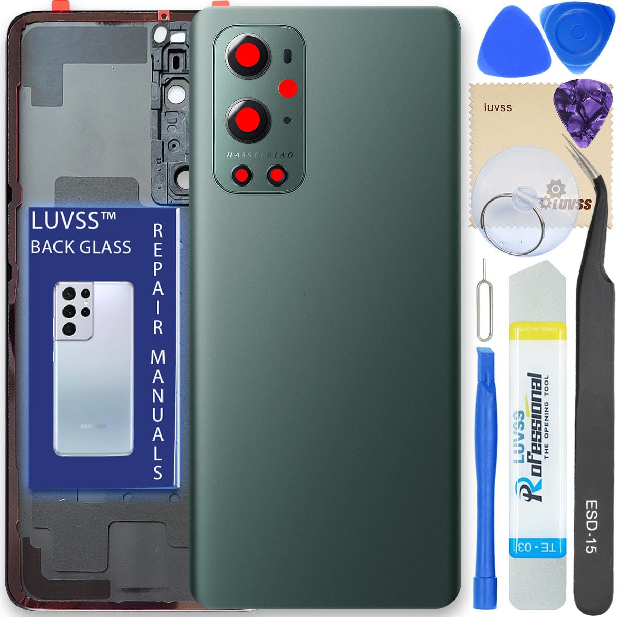 LUVSS Back Glass Cover Replacement Compitable for OnePlus 9 Pro Rear Cover + Camera Lens + Repair Manual DIY Tools Kit (Green)