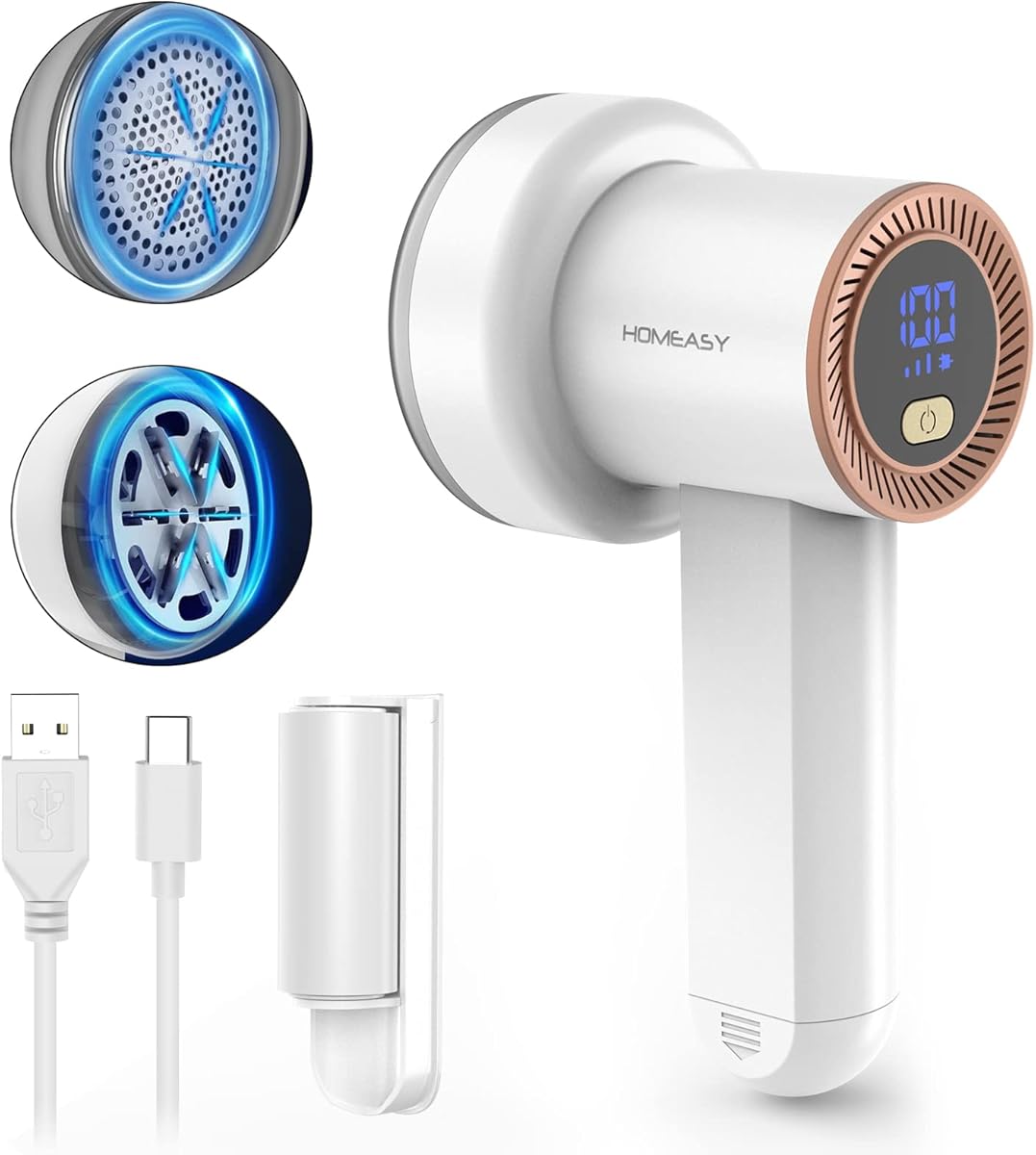 Fabric Shaver Fuzz Remover Rechargeable, HOMEASY Electric Lint Remover Shaver with 3 Blades & LED Digital Display, Sweater Couch Fabric Pill Shaver for Sweater, Couch, Furniture (White)