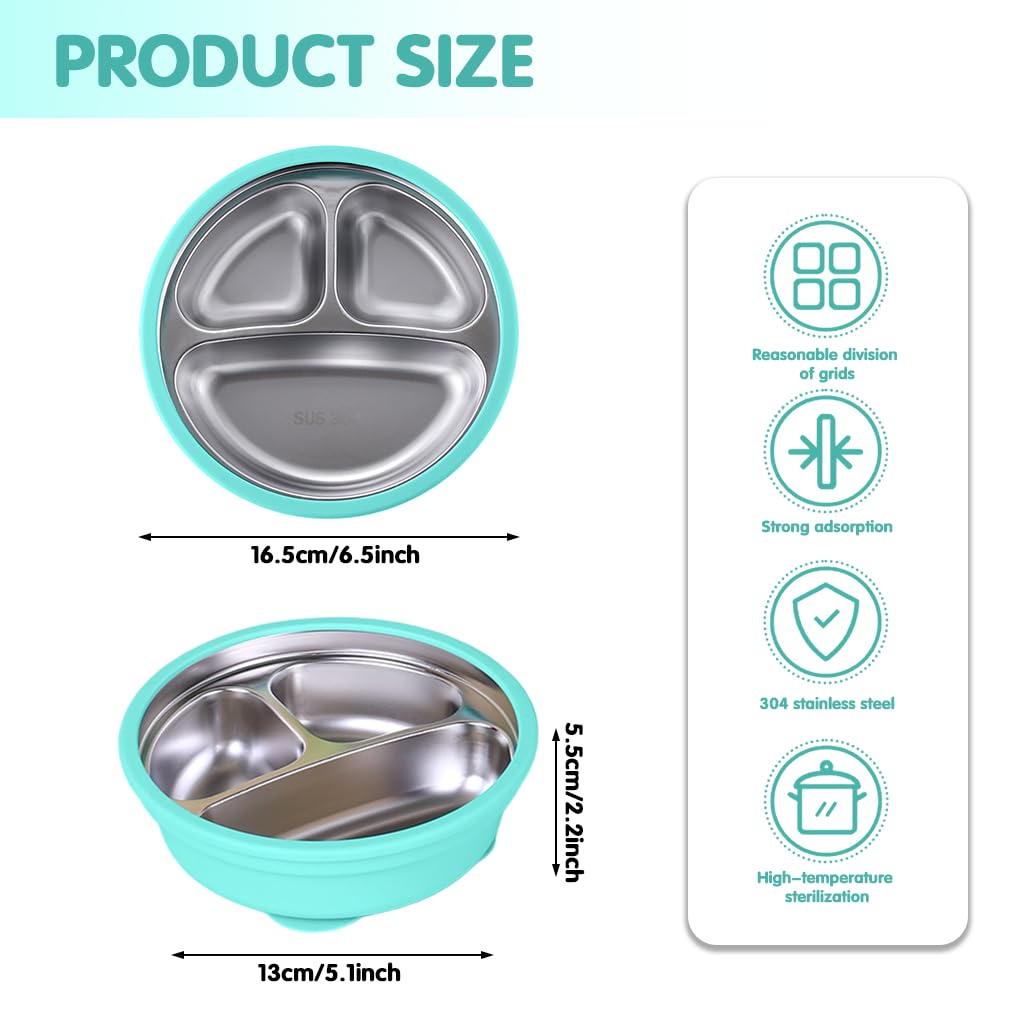 HASTHIP® 6.2''Stainless Steel Kids Food Plate, 3-Compartment Anti-Flip Toddler Plate with Strong Suction Cups, BPA-Free, Food Grade, Suction Plates - Image 2 thumbnail