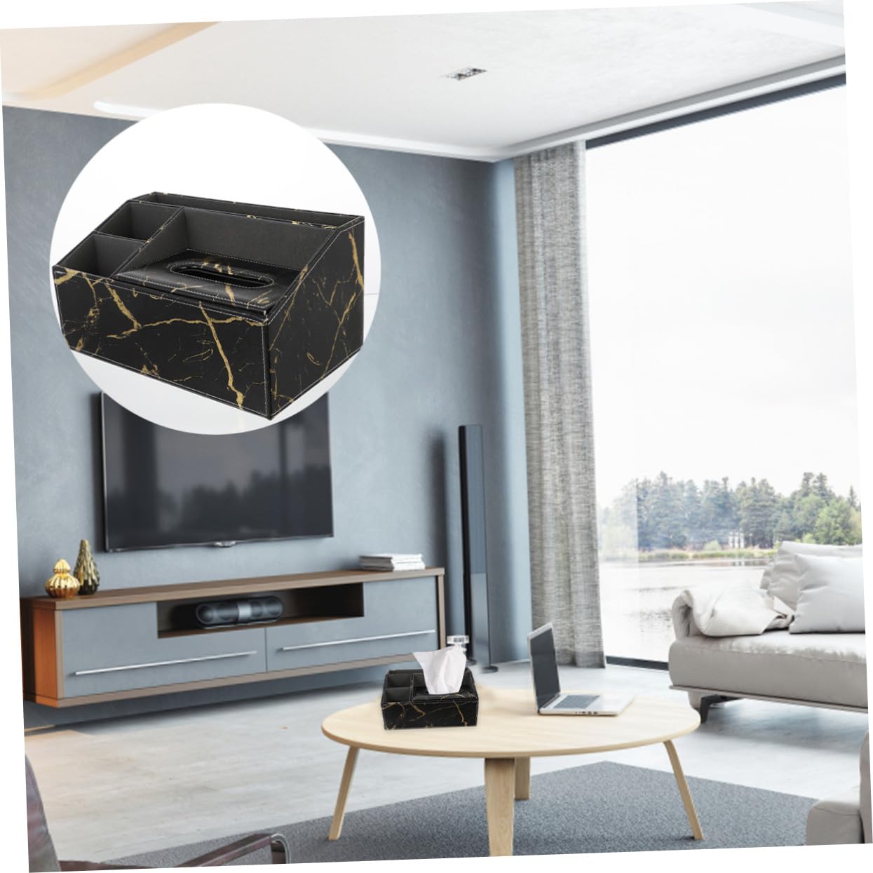 Caja de Almacenamiento Multifuncional 3 Compartimentos, Cuero Grueso Veta de Mármol Negra y Soporte para Control Remoto, Organizador de Escritorio para Hogar, Oficina y Hotel