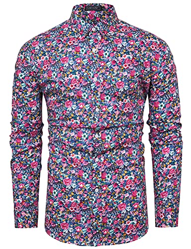 TUNEVUSE Men Floral Dress Shirts Long Sleeve Casual Button Down Flower Printed Shirts 100% Cotton