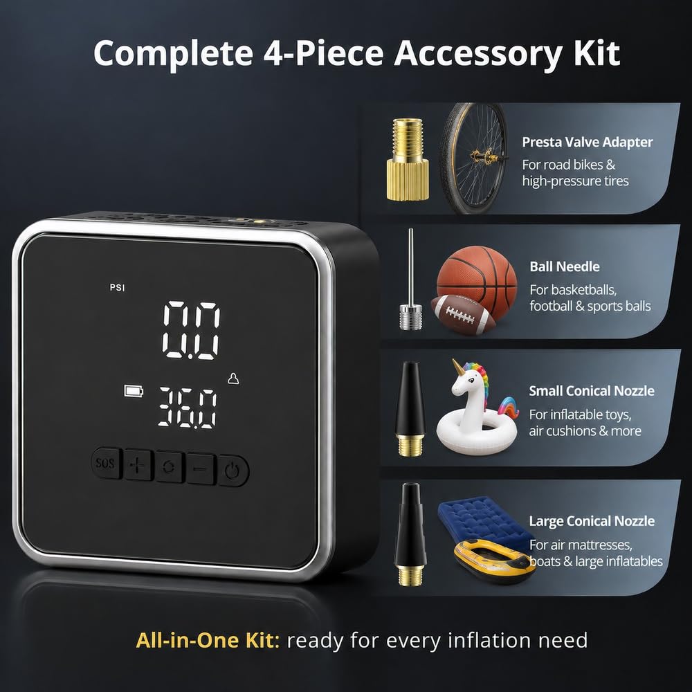 KinZon Gonfiatore Pneumatici Auto 150 PSI, Mini Compressore D'Aria Portatile Ricaricabile Senza Fili e 12 V, Spegnimento Automatico, Schermo Digitale, Lampada LED per Auto, Moto, Bicicletta