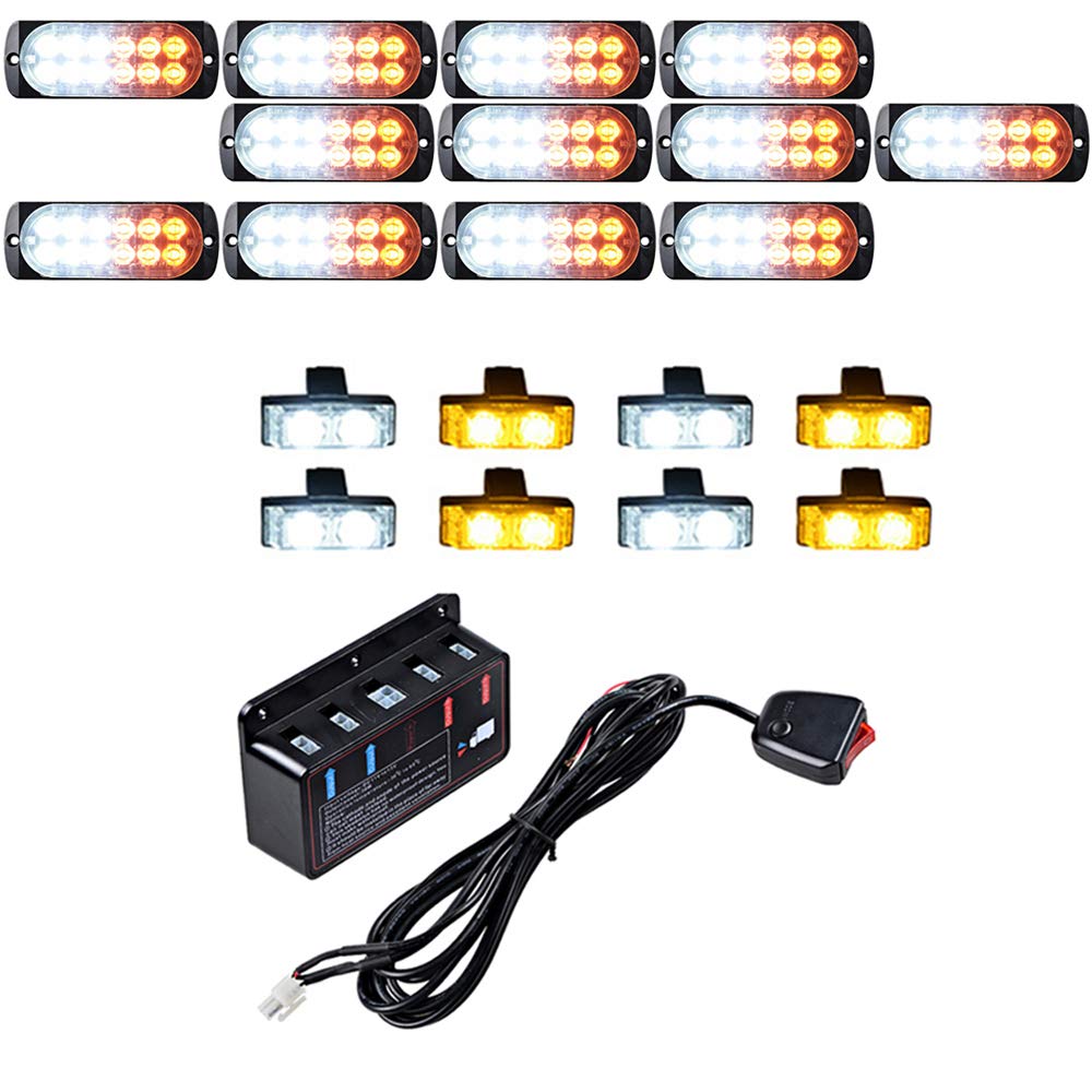 Astra Depot 12PCS Ultra Slim 12-LED 36W Emergency Hazard Caution Surface Mount Strobe Light & 8pcs 2-LED Car Truck Grille Deck Dash Flashing Light - Amber White