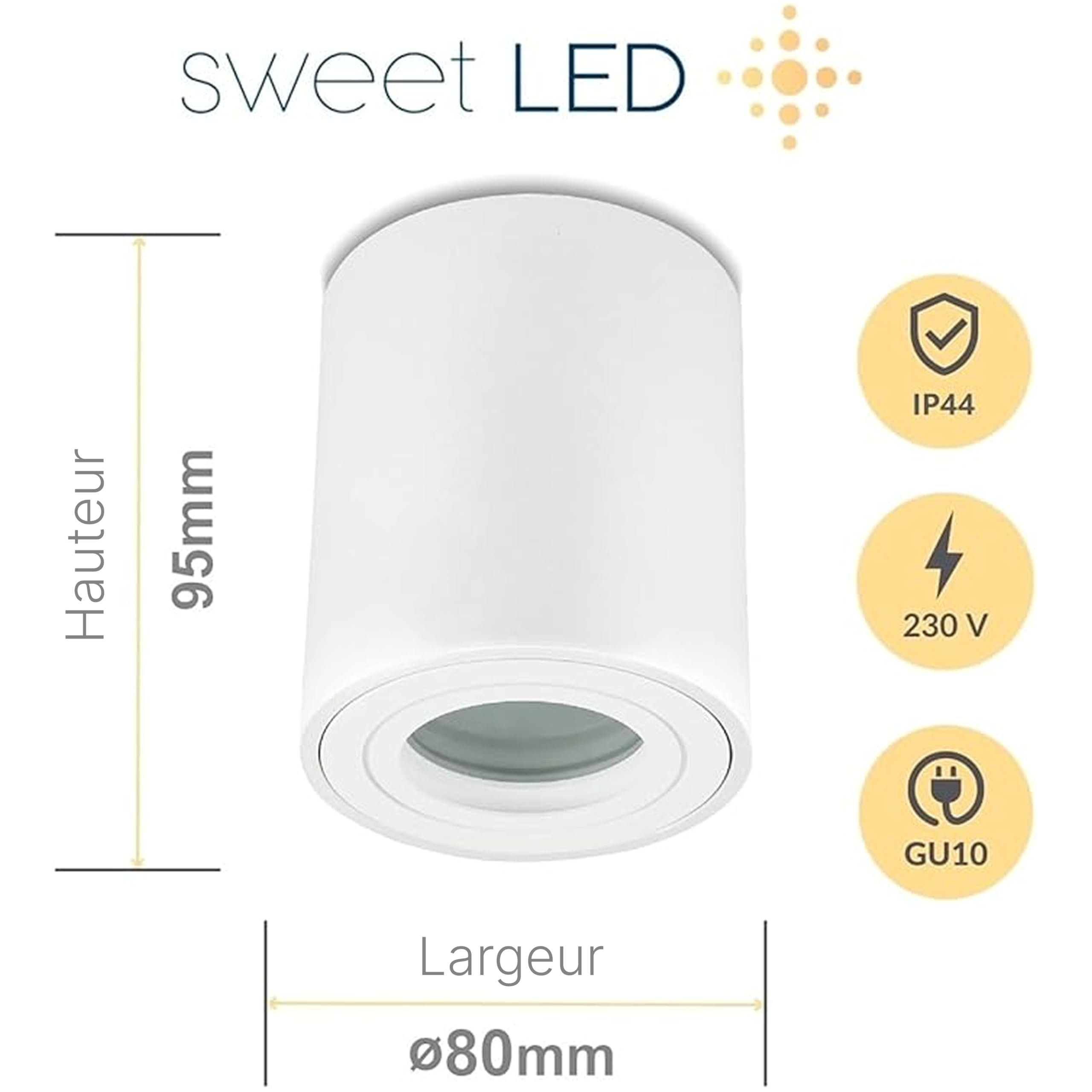 Sweet Led Spots de plafond 230V IP44 Pour salle de bain, cuisine, cave Plafonnier LED GU10 en aluminium rond blanc mat Diamètre Ø80 mm - 95 mm LED Spot 230 Volt 4 pièces