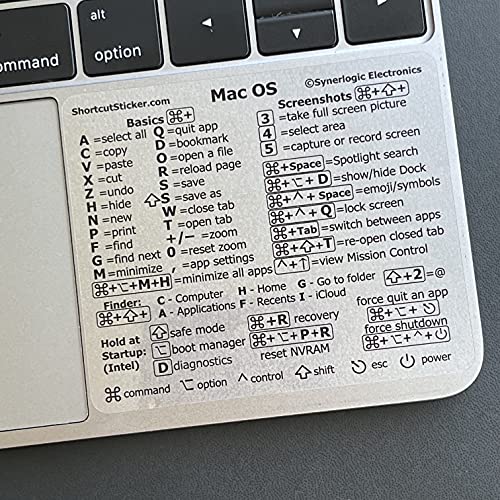 SYNERLOGIC (for Intel) Mac OS (Monterey/Big Sur/Catalina/Mojave etc) Keyboard Shortcut Transparent Vinyl Sticker, No-Residue Adhesive, Compatible with MacBook Air/Pro/iMac/Mini (Pack of 5)