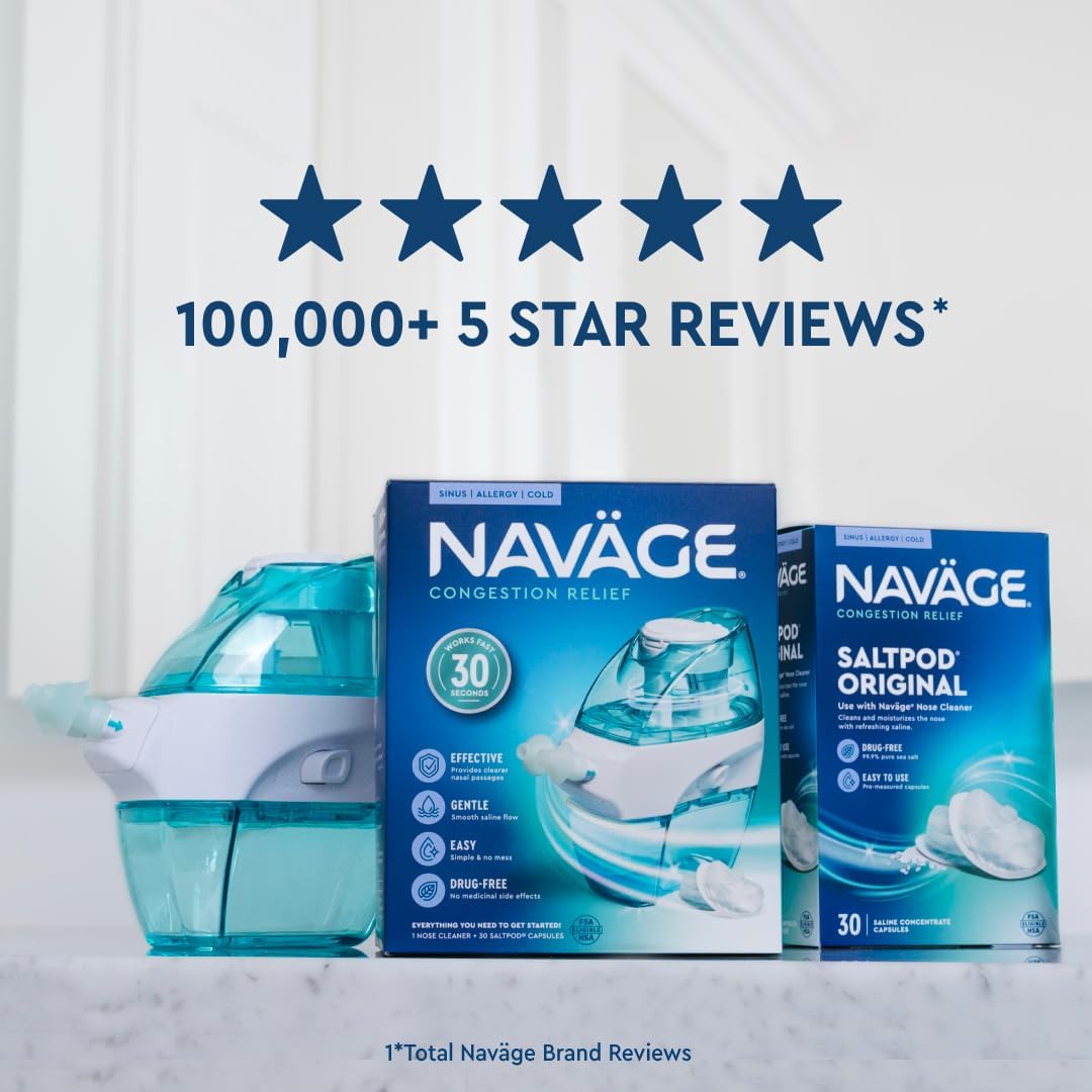 Navage Essentials Bundle - Nasal Irrigation System - Saline Nasal Rinse Kit with 1 Nose Cleaner, 30 SaltPods, Countertop Caddy and Teal Travel Case