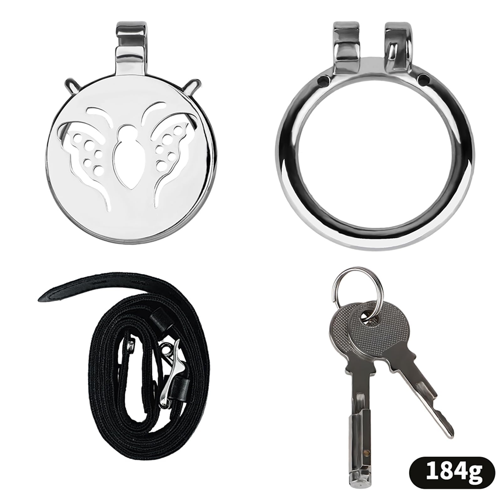 Jaula de castidad de acero inoxidable con diseño de mariposa para hombres con cerradura oculta y anillo base, dispositivo de castidad masculino de placa plana (45mm+Belt)