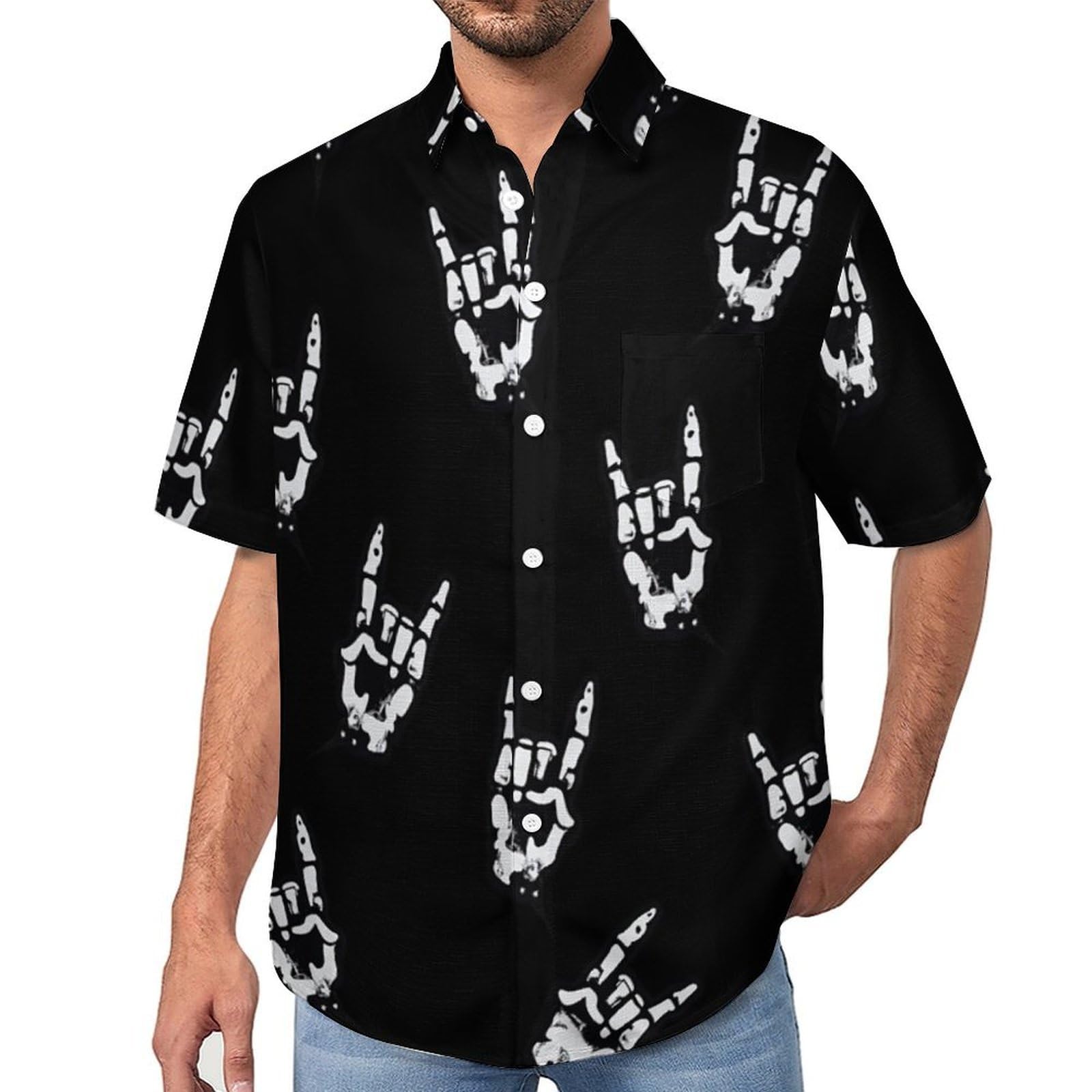 Camicie da Uomo a Maniche Corte con Stampa della Gesti Rock Minimalista, Casual Leggere Bottoni Camicia con Tasca Frontale, per Vacanze Spiaggia Estate