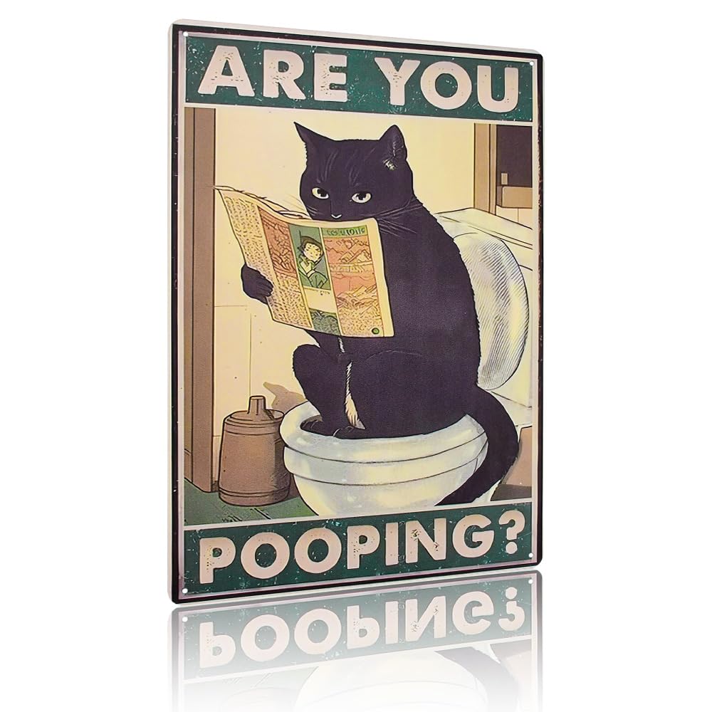 GOLRISEN Cartel de Baño Divertido, Cartel Decorativo de Aseo Vintage con Motivo de Gato Negro y Palabras en Inglés ARE YOU POOPING Letrero de WC Divertido para Casa Hotel Bar Restaurante Cafetería