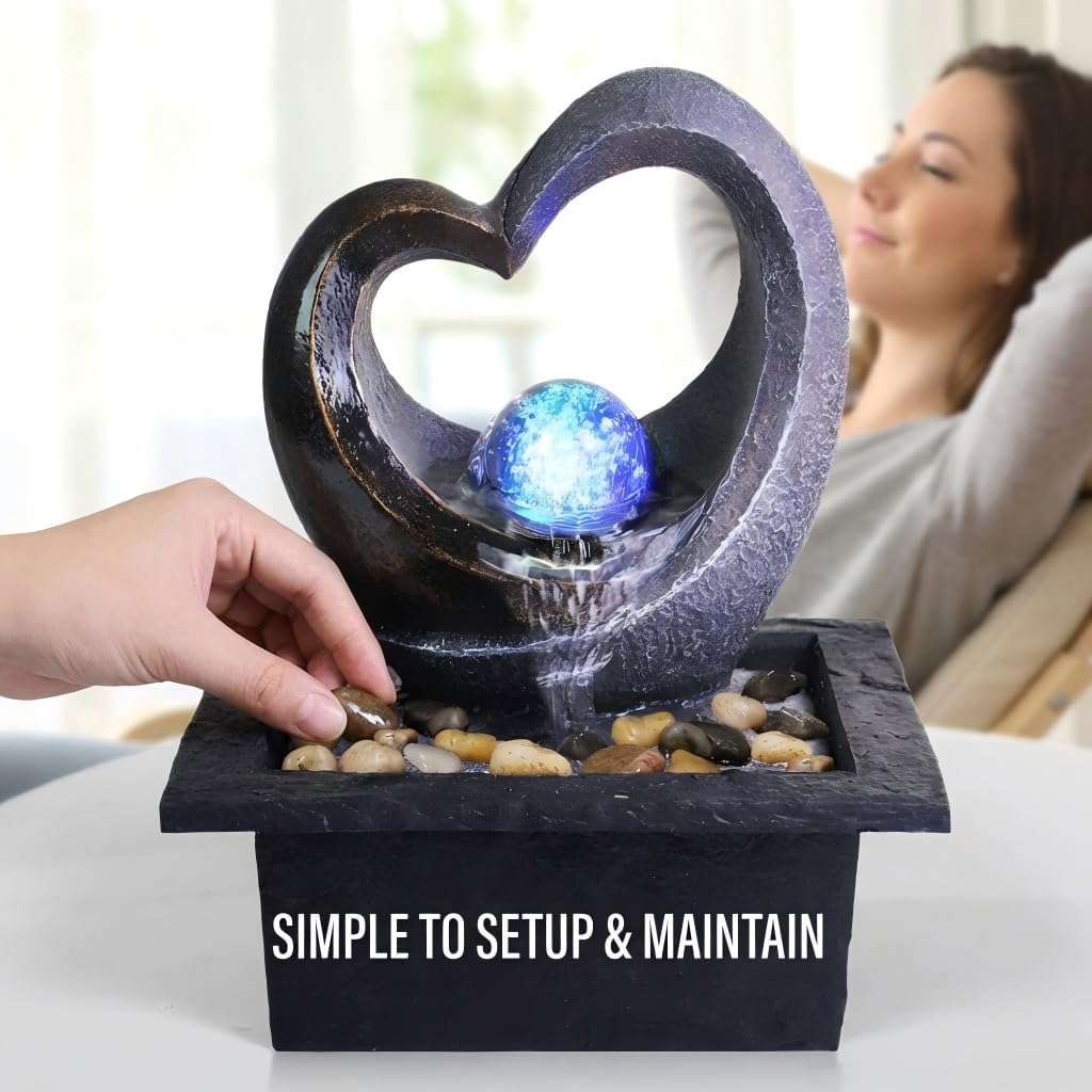 Ferrisland Tabletop Water Fountain, Zen Meditation Indoor Waterfall Fountain, Heart Shape Decoration with LED Light for Home Office Bedroom Relaxation Decor, Gift Ideas