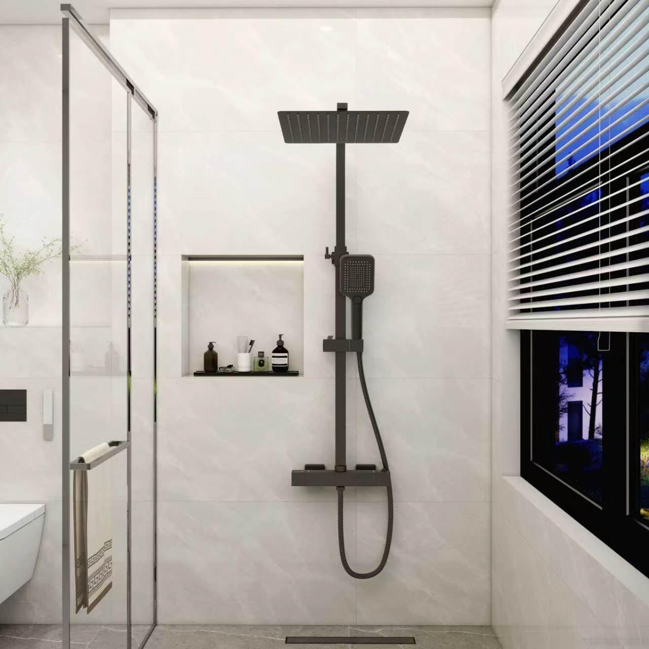 Aica Columna de Ducha Alcachofa Cuadrada con Termostato 30x30cm Rociador Superior Negro Mate Barra Regulable