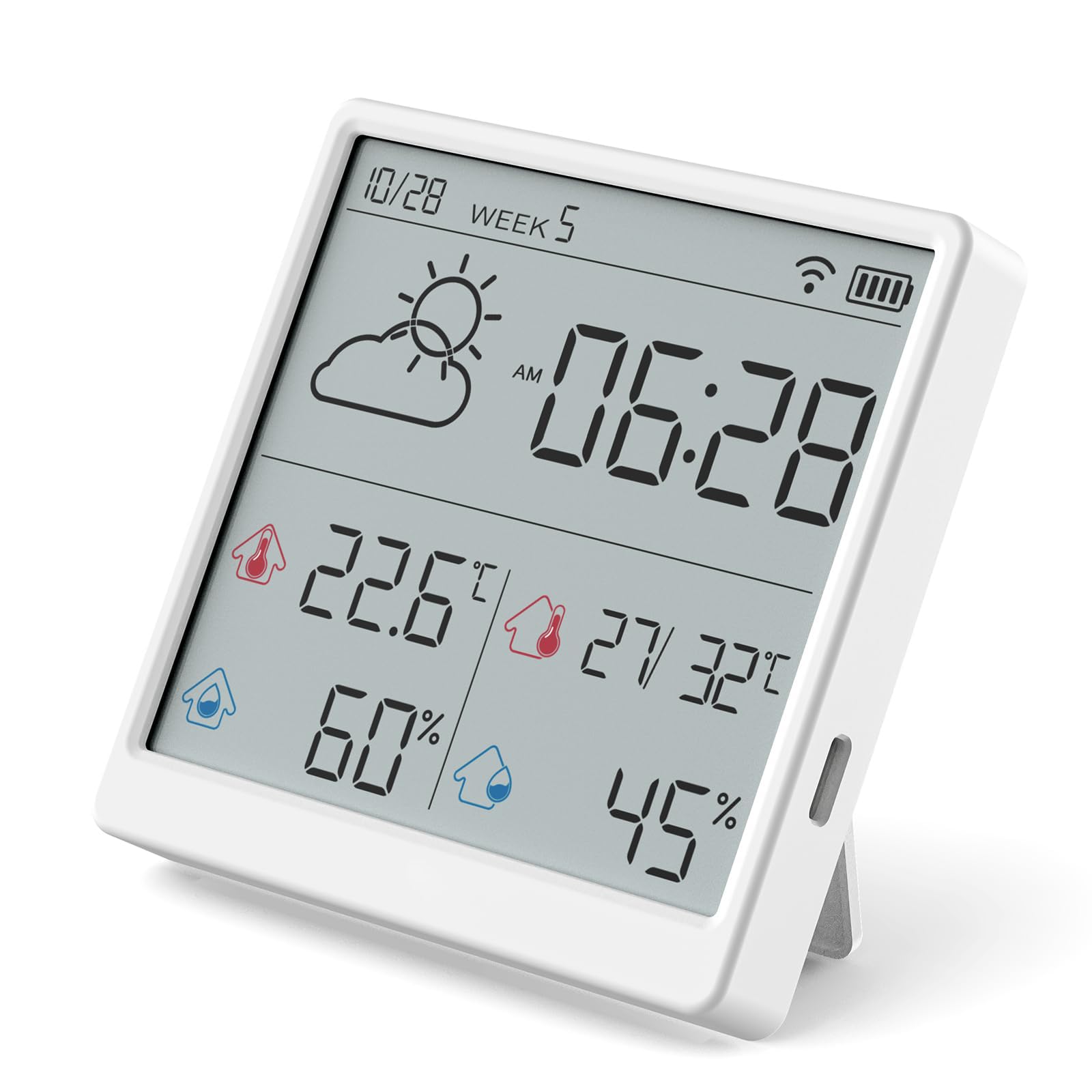 NALACAL Digital Rechargeable Hygrometer Indoor Thermometer, Wi-Fi for Outdoor Temperature and Humidity Monitor, with Clock and Calendar for Bedroom, Jars, Guitar Case, Humidors, No App Needed