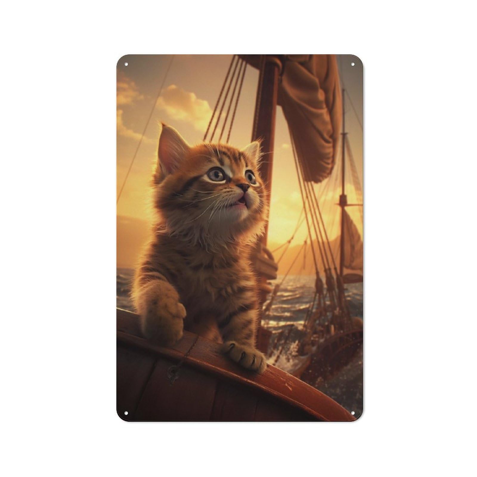 Junmoney Cute Kitten Sailing Ship Retro Tin Sign 30X20cm For Man Cave Or Games Room, For Collectors Decorating Games Rooms And Man Caves