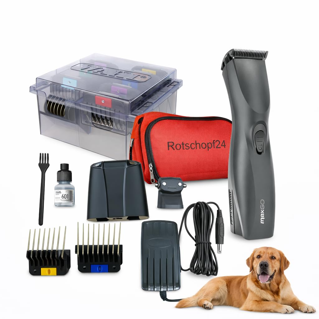 Rotschopf24 Edition: Profi Schermaschine Max Go + acht Metallaufsätze! Bis zu 3 Std. kabellos arbeiten. Sehr gute Qualität!! Für Wahl Hundeschermaschinen Liebhaber