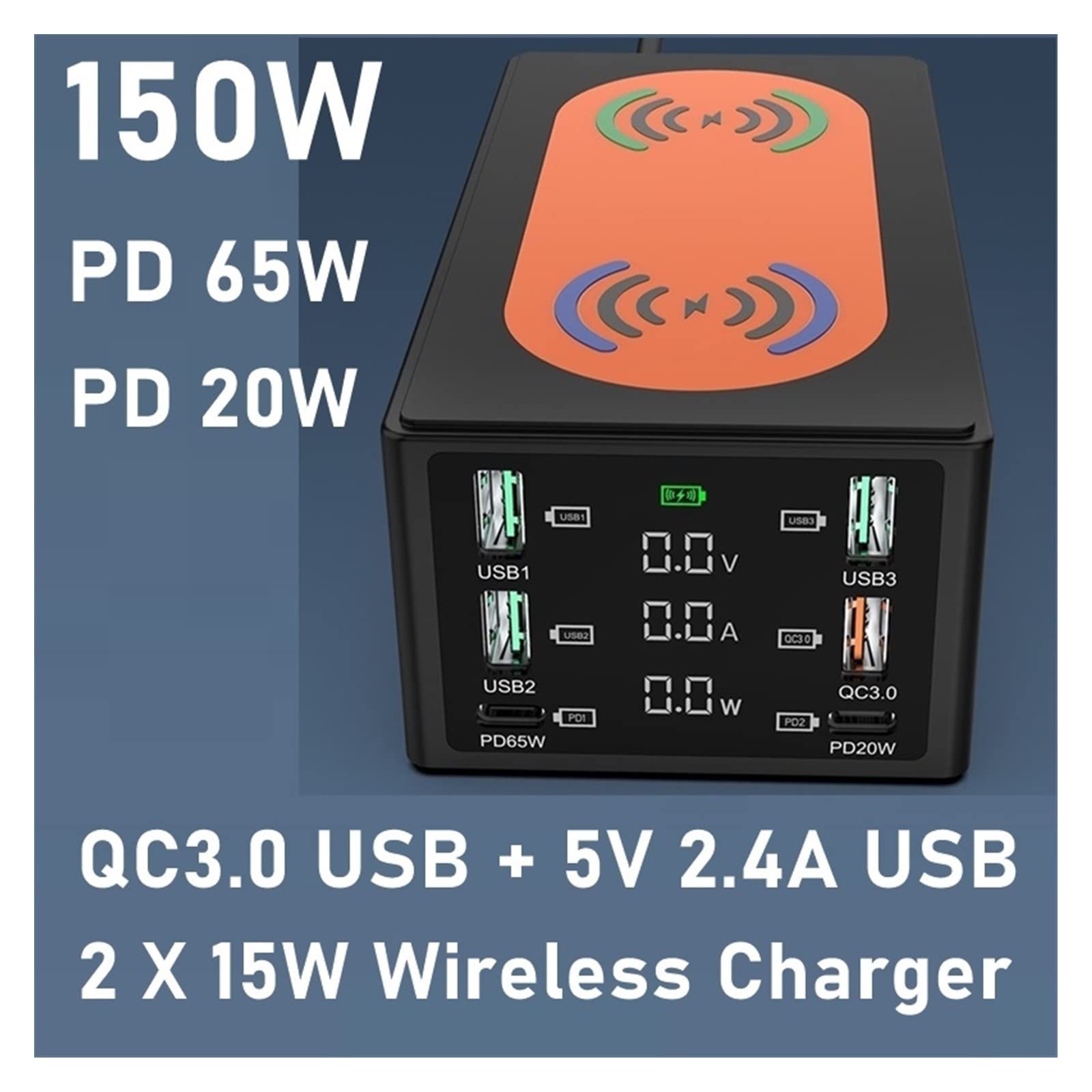 150W Multi USB Bezprzewodowa ładowarka 4 Port USB Stacja ładująca Organizator QC 3.0 Szybka stacja dokująca do telefonu komórkowego, tabletu i innych Przenośna konstrukcja(Nero)