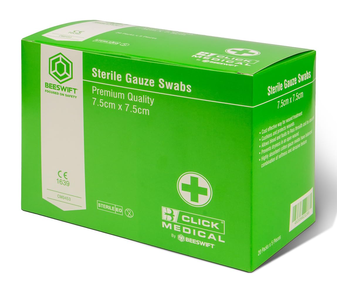 Click Medical 1 Pack of 5 Sterile Gauze Swabs Size 7.5 x 7.5 cm – Highly Absorbent Cushion - Prevents dryness in open wounds. (1 Pack of 5-BP 8 Ply)