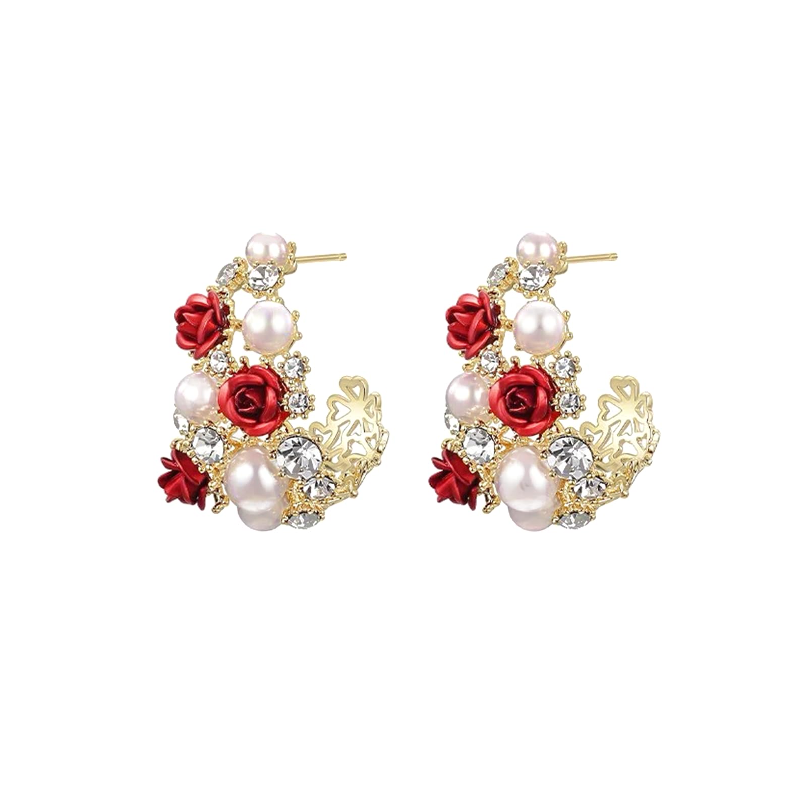 T-Miles Unique and Unique Rose Earrings with White Sparkling Crystal and Pearl, Suitable for Female Gifts