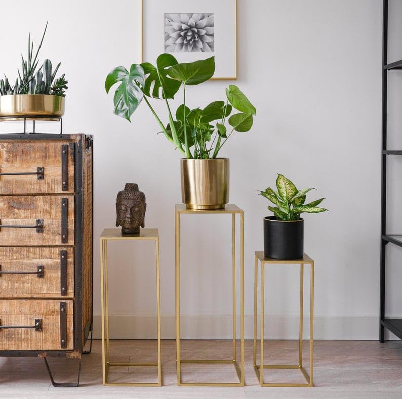 Unique Art Set 3 Gold Pedestal Plant Stand, Nesting End Table, Square Plant Rack, Tall Tiered Display, Wedding Flower Stand, Party Decoration (B0CG35SJDW) Amazon Price History, Amazon Price Tracker