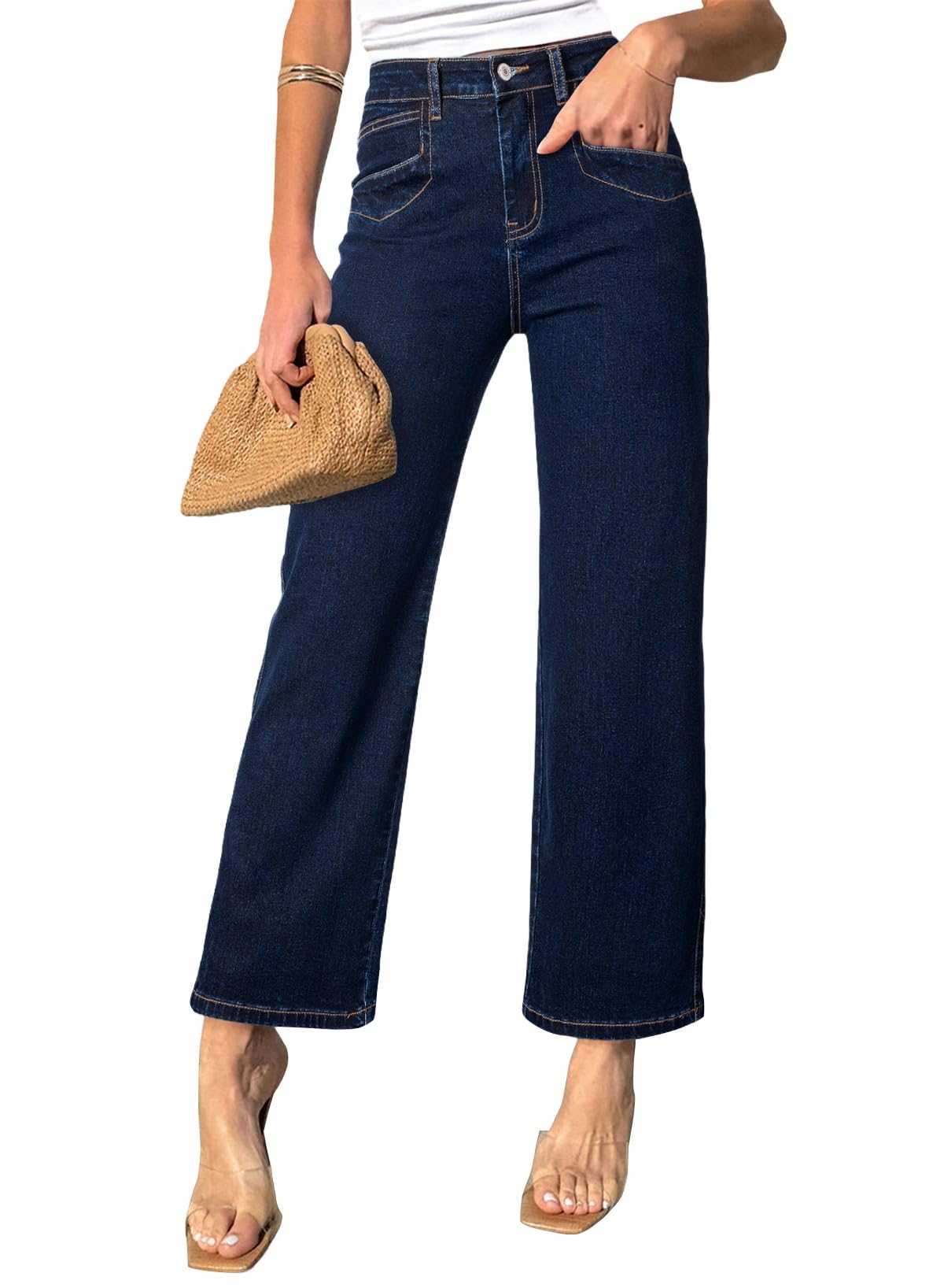 Photo 1 of Sidefeel Women's Jeans High Waisted Wide Leg Jeans Stretchy Straight Leg Zimbaplatinum Ankle Denim Pants with Slant Pockets Navy Blue Size 8